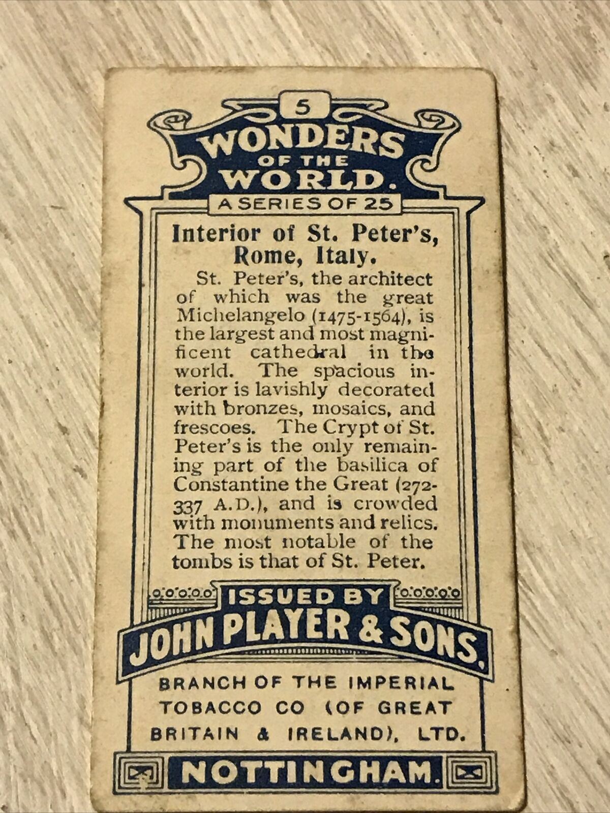 Players Cigarette Card Wonders Of The World Interior Of St Peters Rome Italy 5