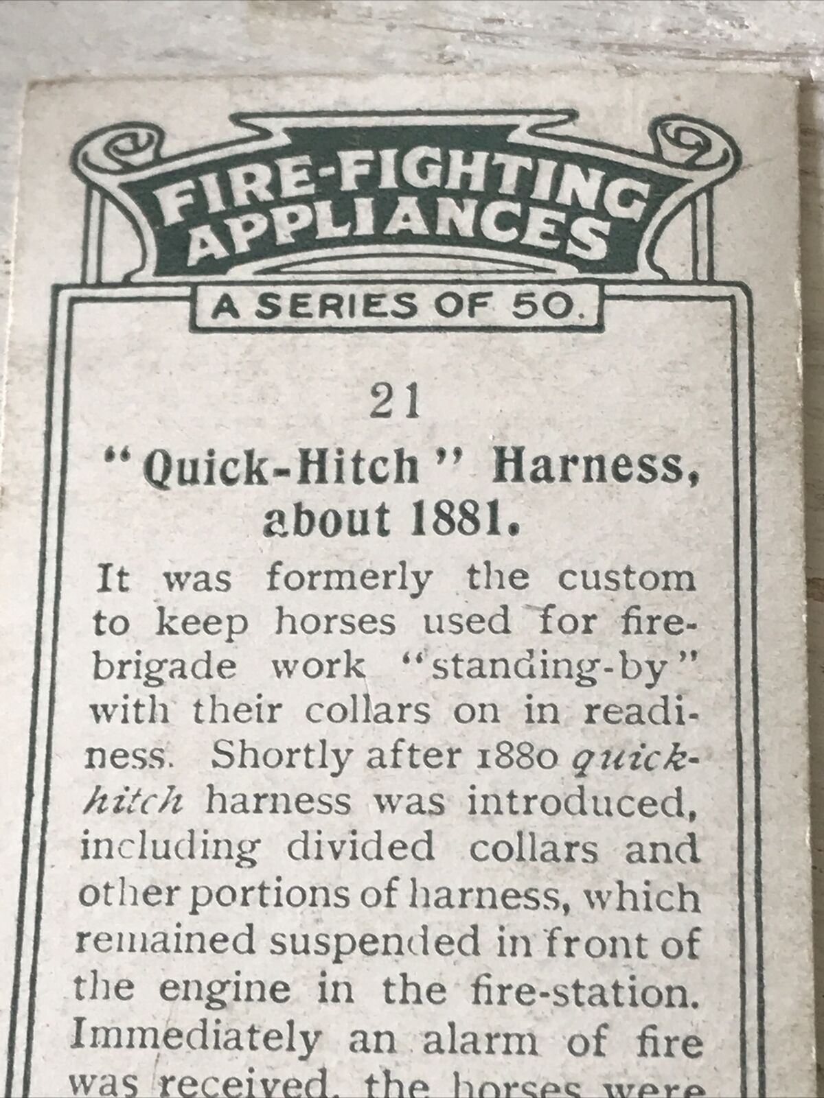 Players Cigarette Card Fire Fighting Appliances No21 Quick Hitch Harness c.1881