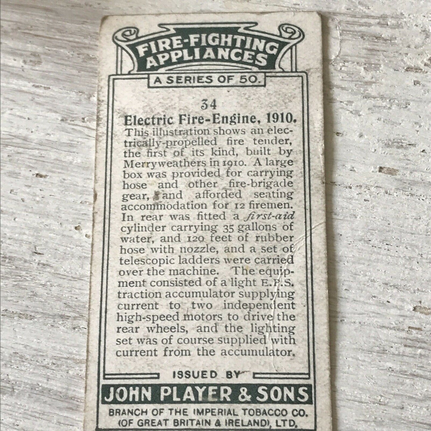 Players Cigarette Card Fire Fighting Appliances No 34 Electric Fire Engine 1910