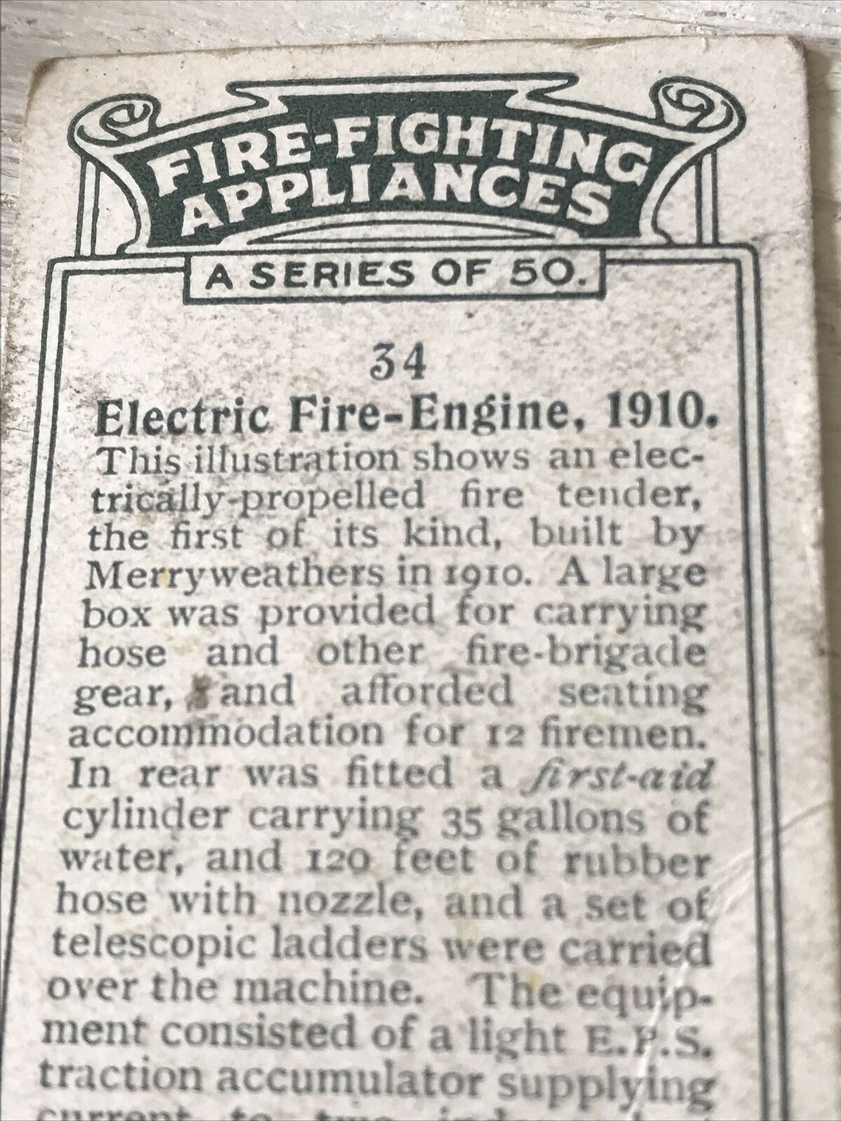 Players Cigarette Card Fire Fighting Appliances No 34 Electric Fire Engine 1910