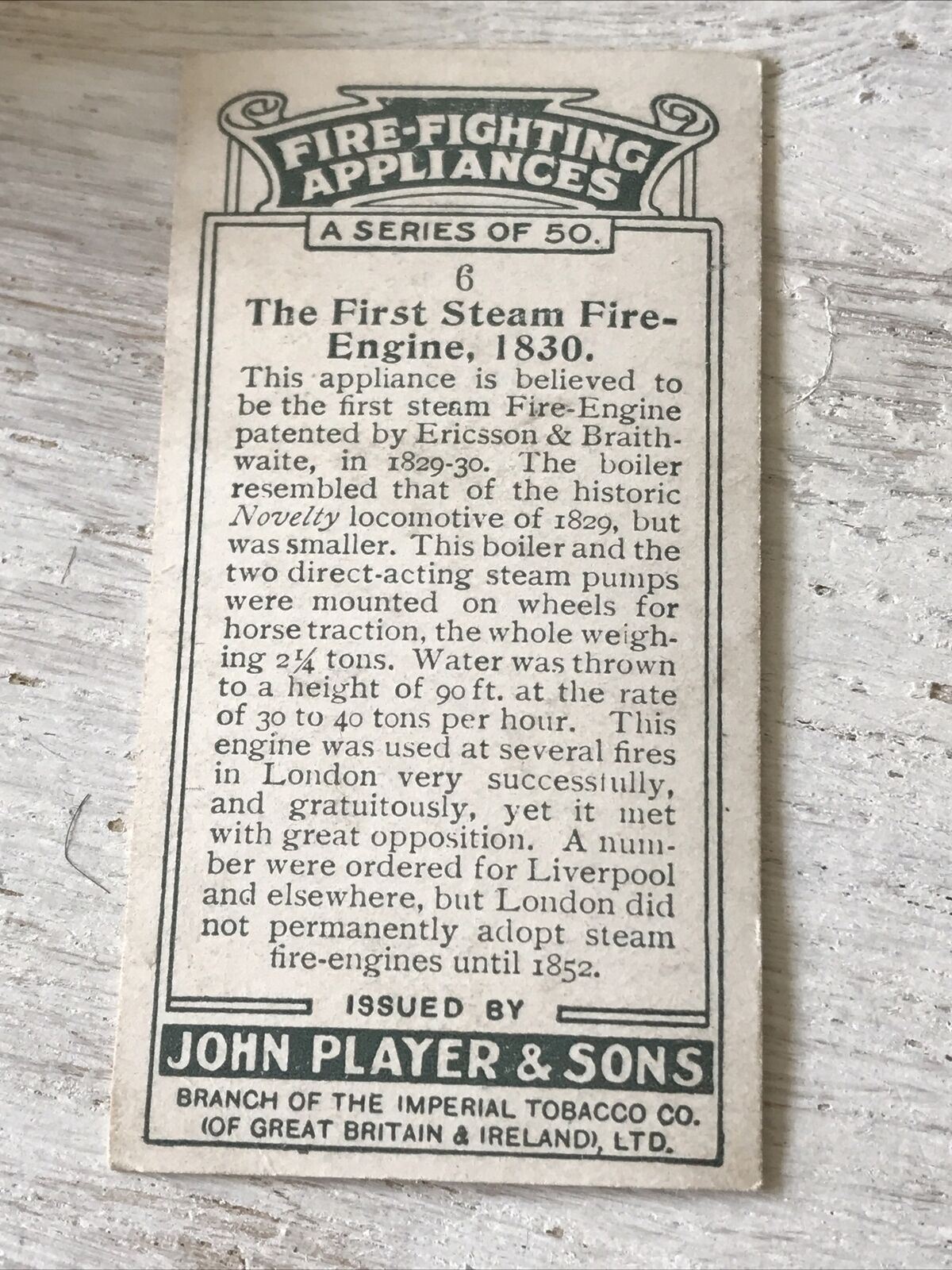 Players Cigarette Card Fire Fighting Appliances No 6 First Steam Fire Engine