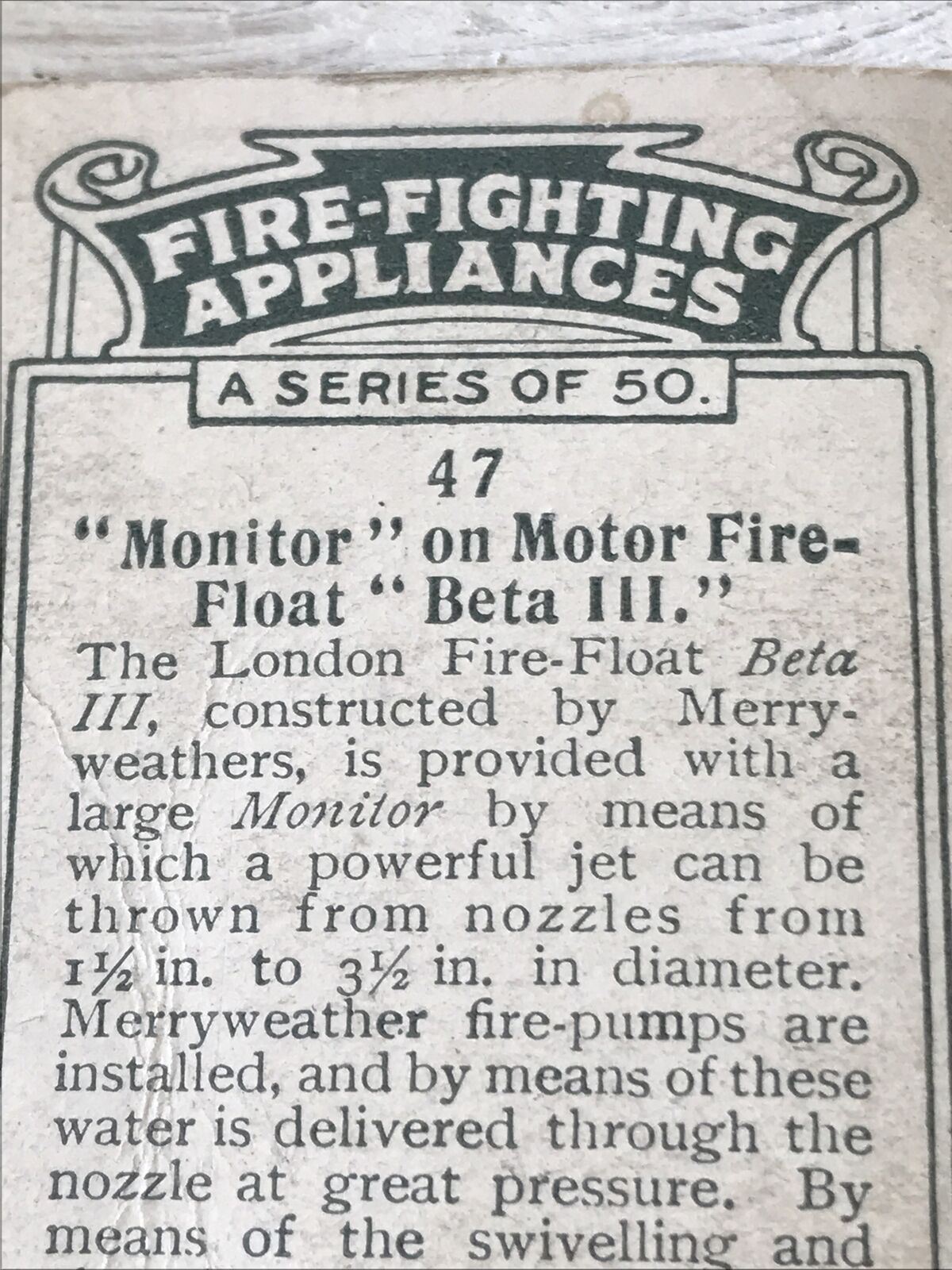 Players Cigarette Card Fire Fighting Appliances No 47 Monitor On Motor Firefloat