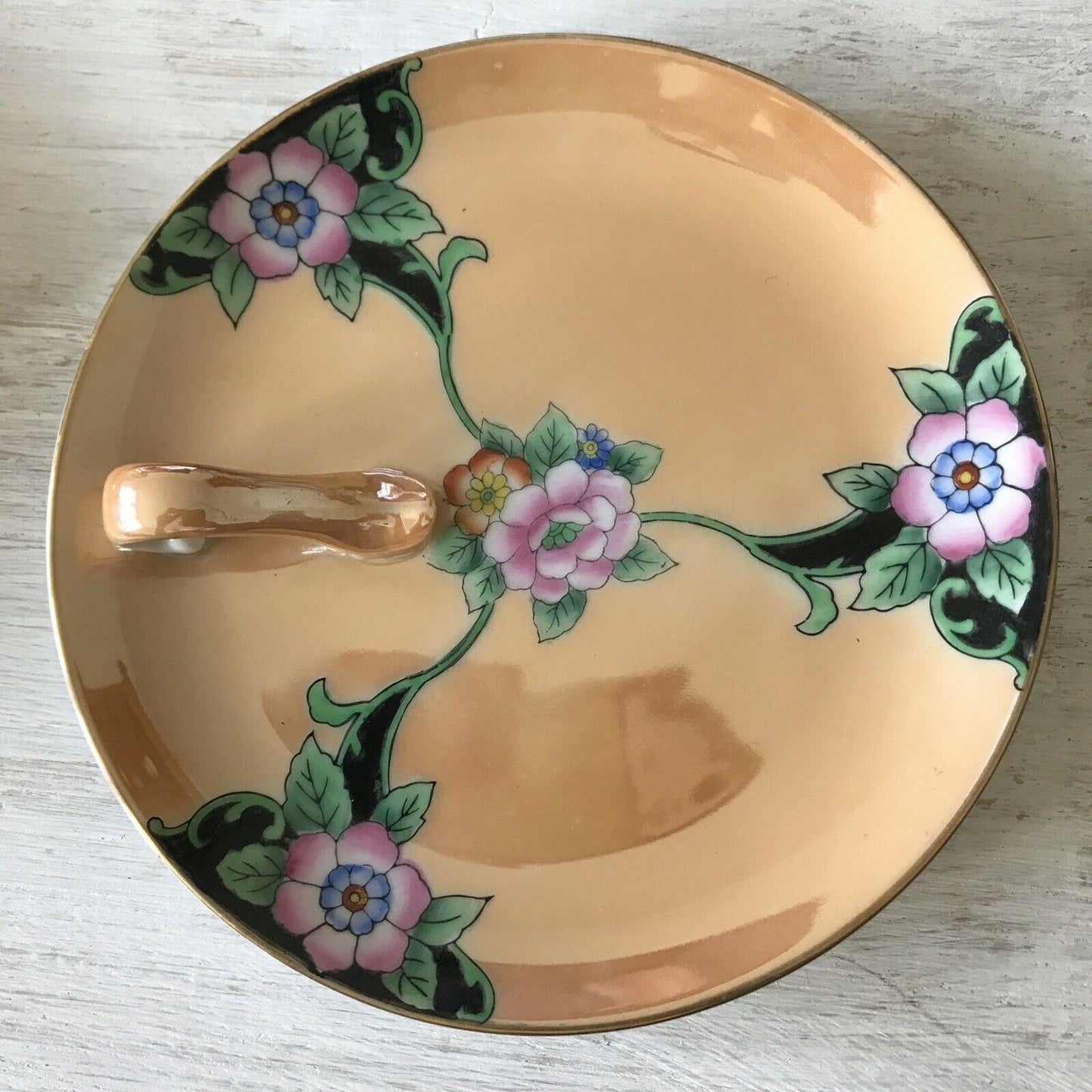 Vintage 1930s? Noritake Lustre Ware Small Serving / Trinket Dish With Handle. Peach Floral Art Deco