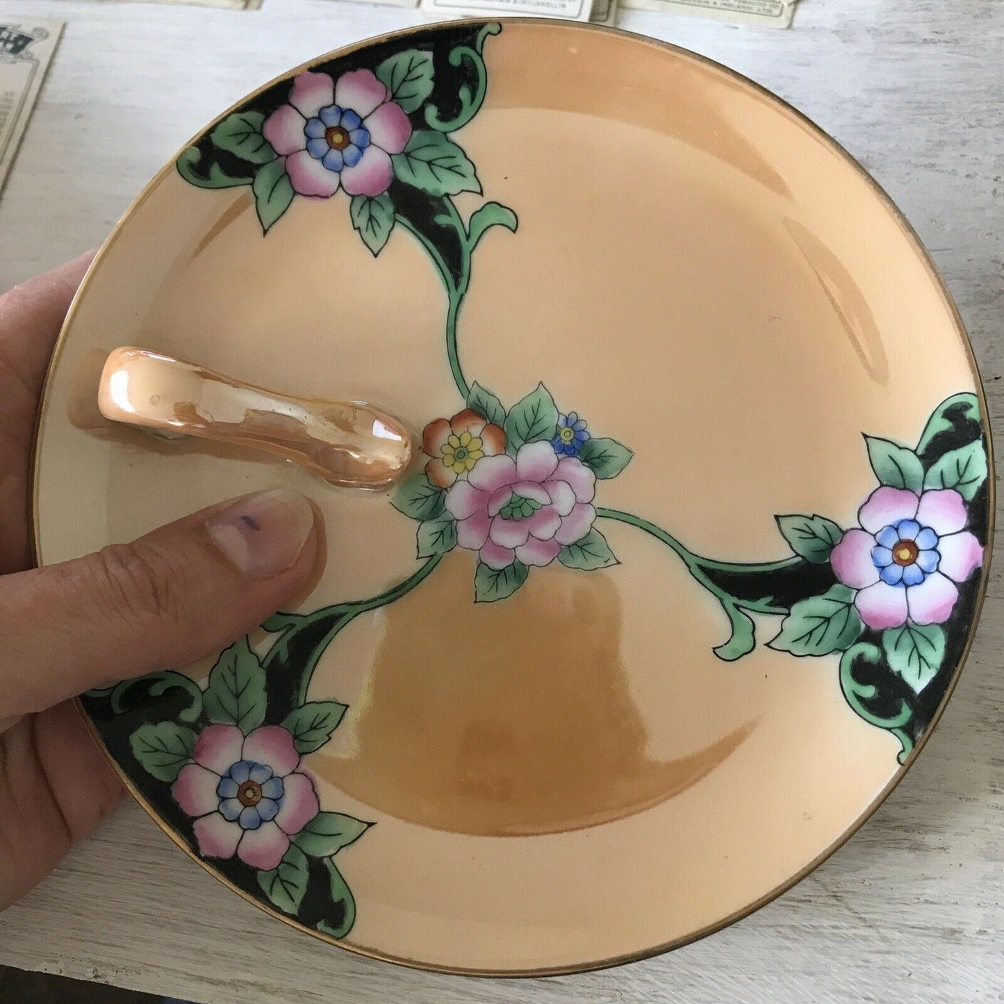 Vintage 1930s? Noritake Lustre Ware Small Serving / Trinket Dish With Handle. Peach Floral Art Deco