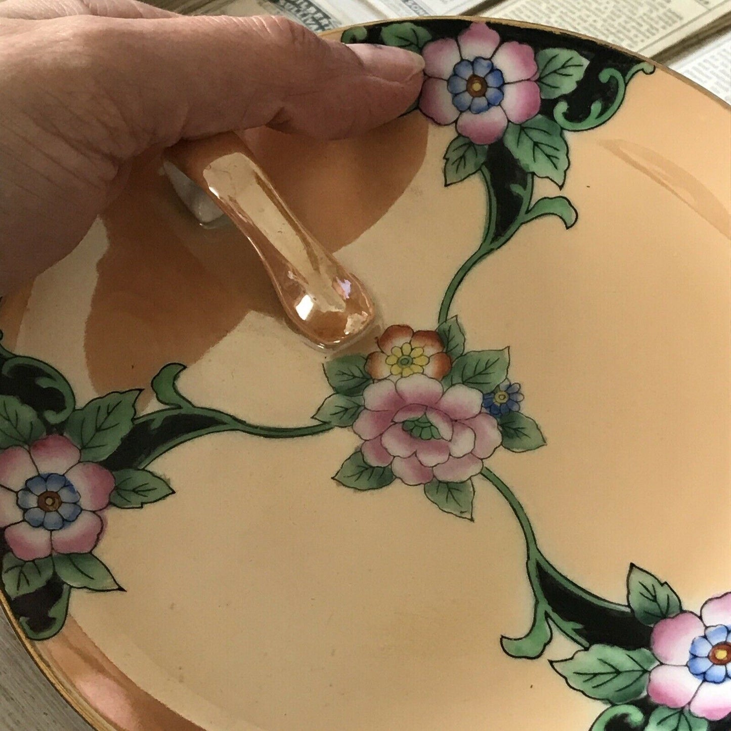 Vintage 1930s? Noritake Lustre Ware Small Serving / Trinket Dish With Handle. Peach Floral Art Deco