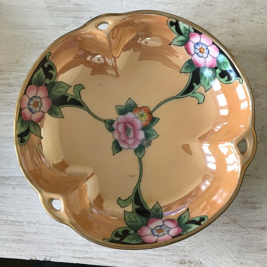 Vintage 1930s? Noritake Lustre Ware Small Trinket Bowl Snack Dish Orange Floral Beautiful