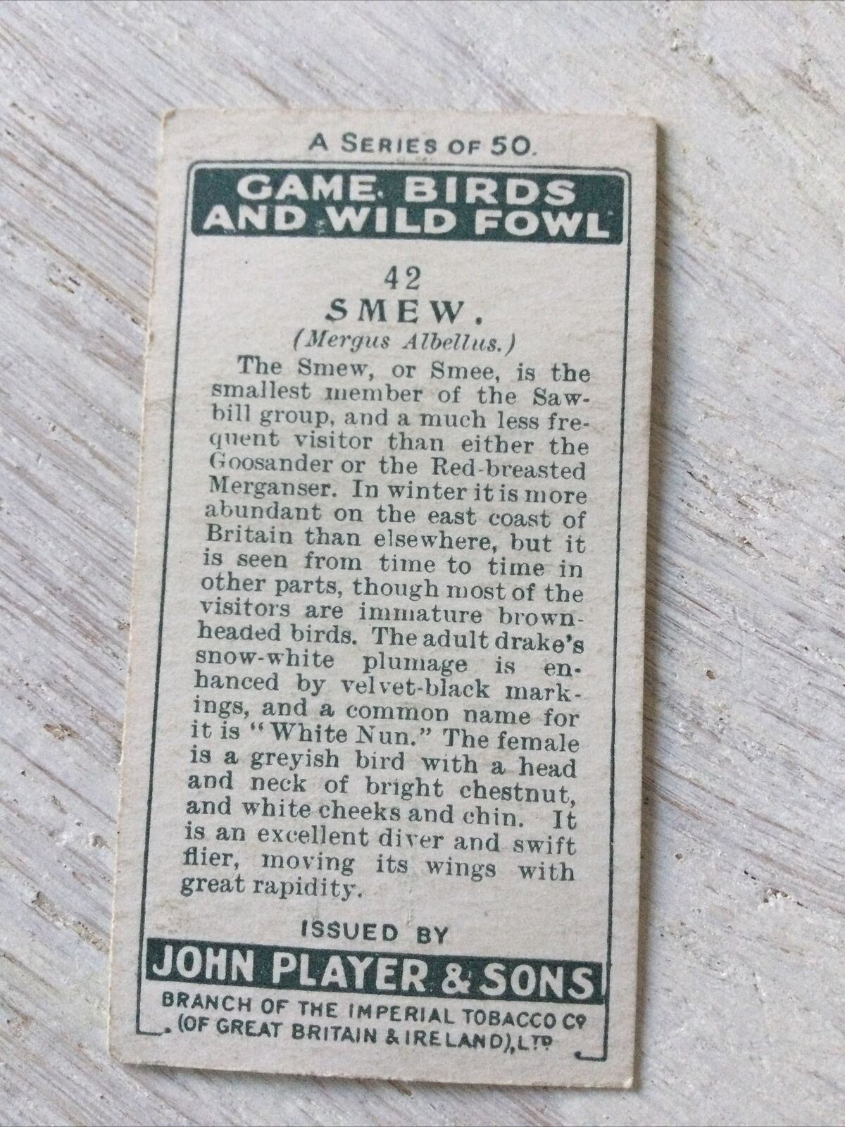 Players Cigarette Card Game Birds & Wild Fowl No. 42 Smew Smee Sawbill Vintage