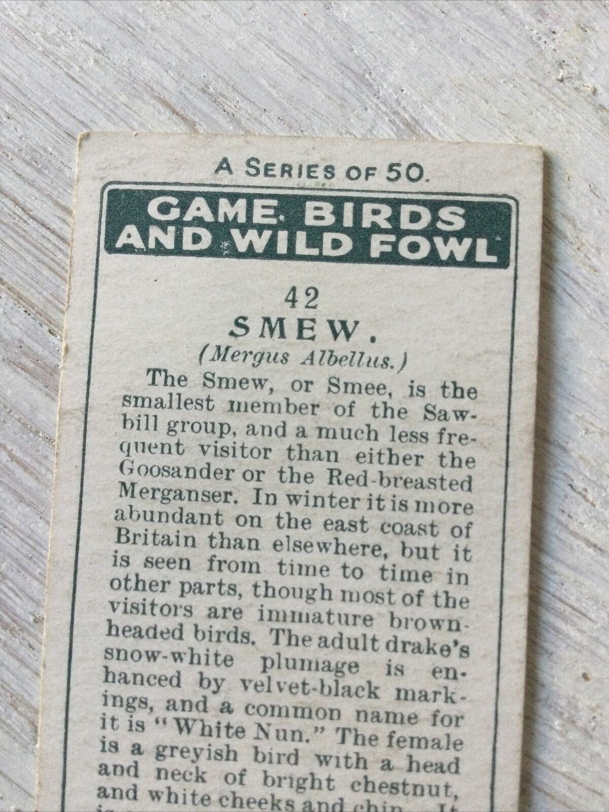 Players Cigarette Card Game Birds & Wild Fowl No. 42 Smew Smee Sawbill Vintage