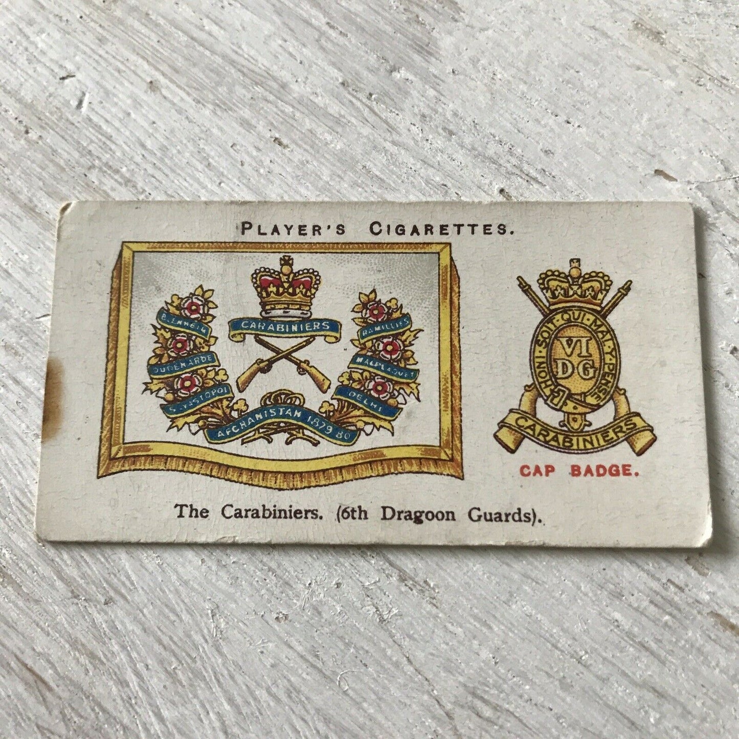 Players Cigarette Card Drum Banners & Cap Badges Carabiniers 6th Dragoon Guards