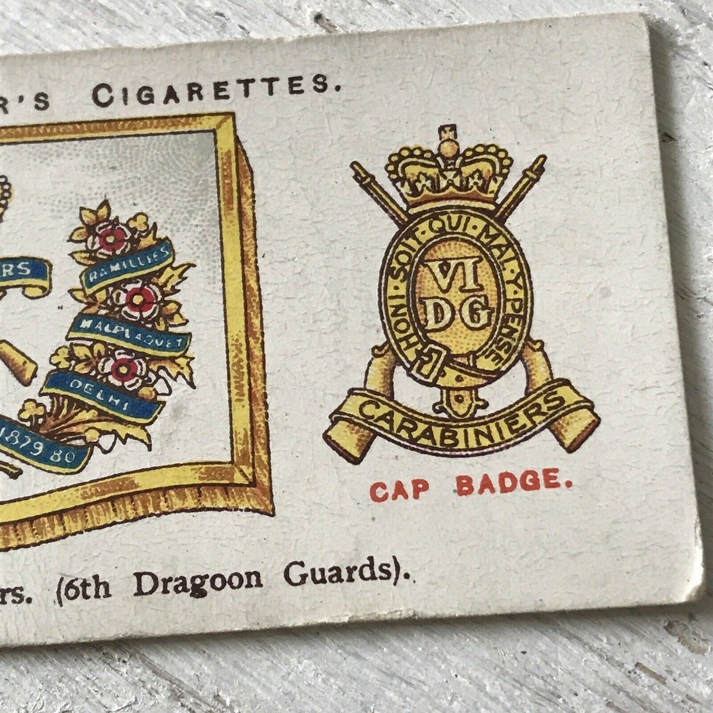 Players Cigarette Card Drum Banners & Cap Badges Carabiniers 6th Dragoon Guards