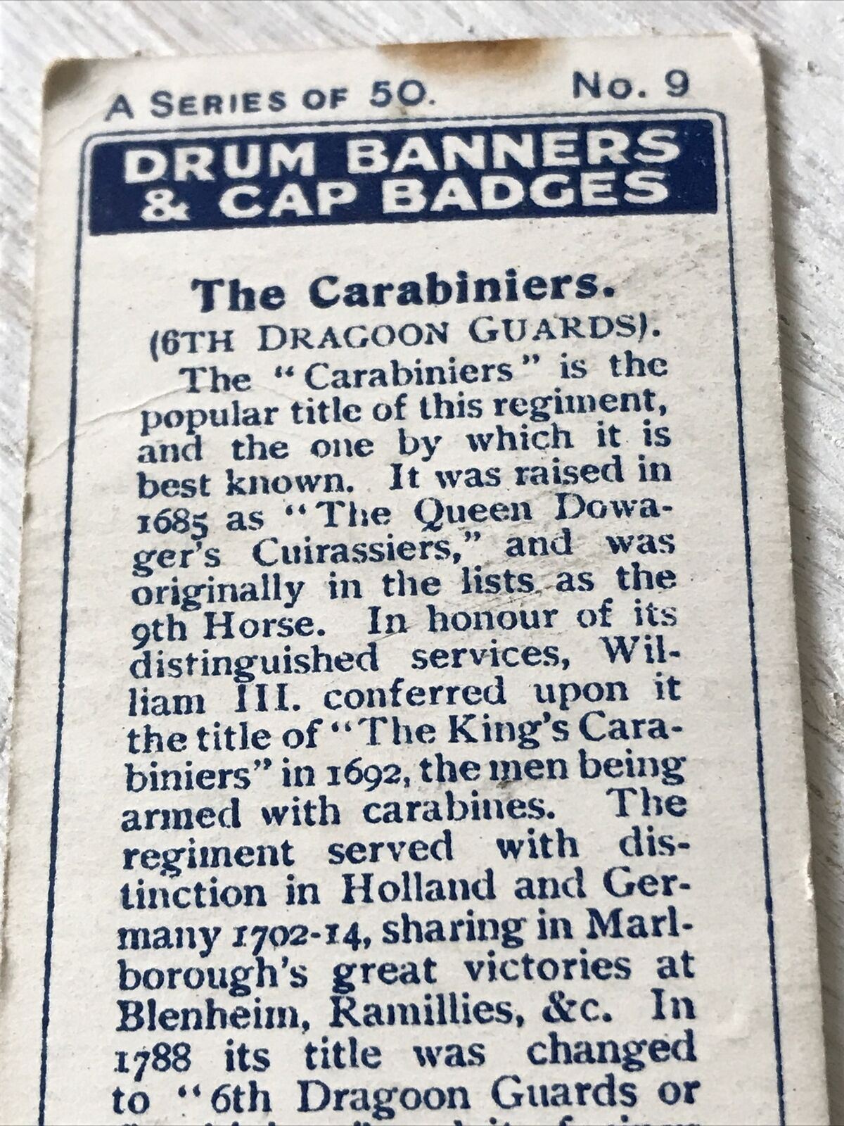 Players Cigarette Card Drum Banners & Cap Badges Carabiniers 6th Dragoon Guards