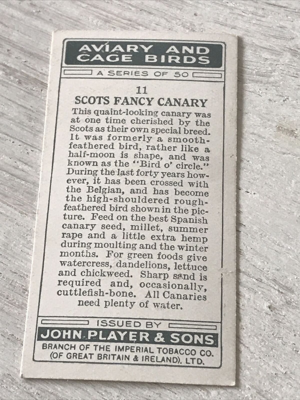 Players Cigarette Card Aviary & Cage Birds 11 Scots Fancy Canary Unusual Vintage