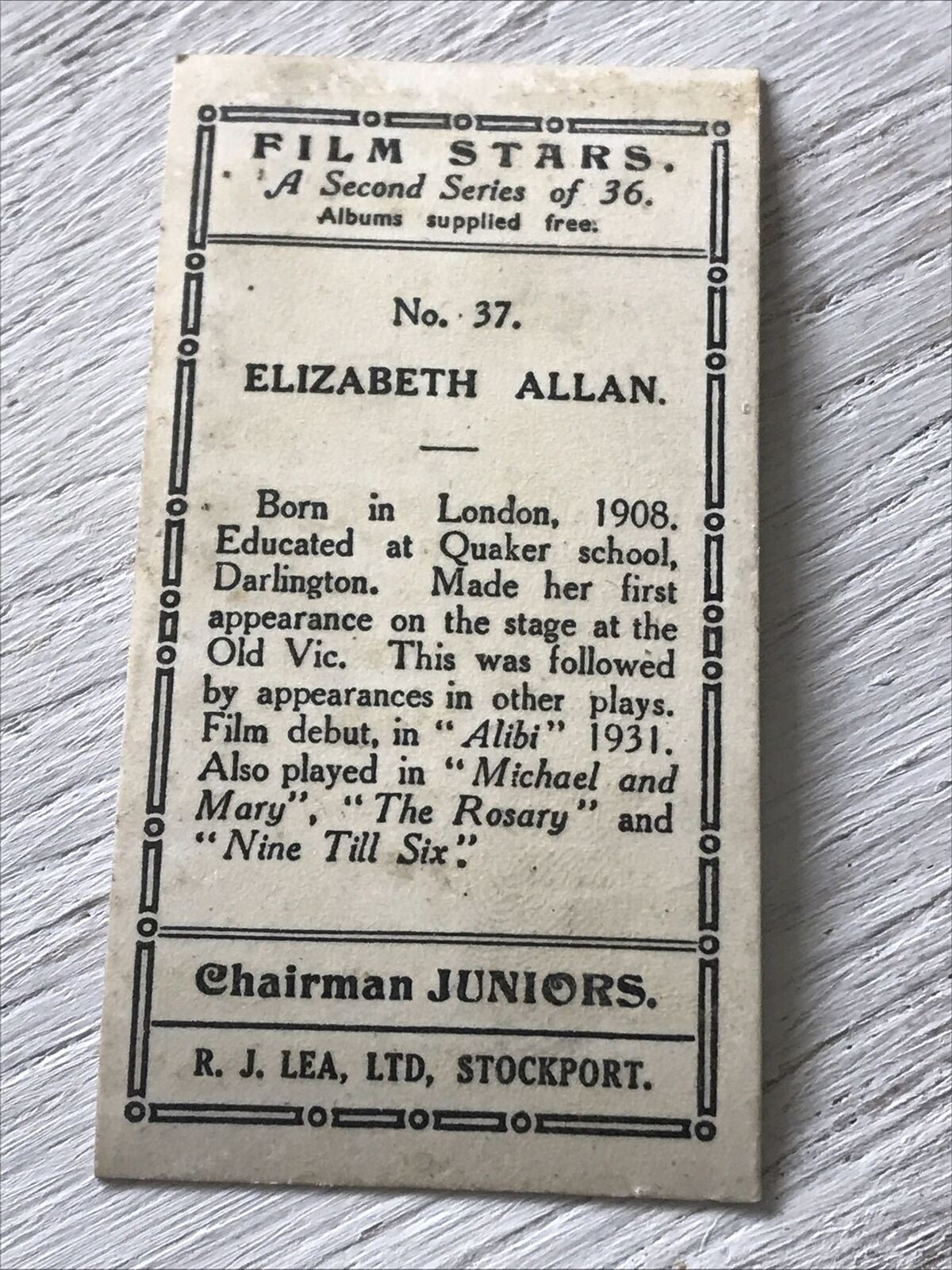 ELIZABETH ALLAN Chairman Juniors Cigarette Card Film Stars 37  Old Vic Alibi