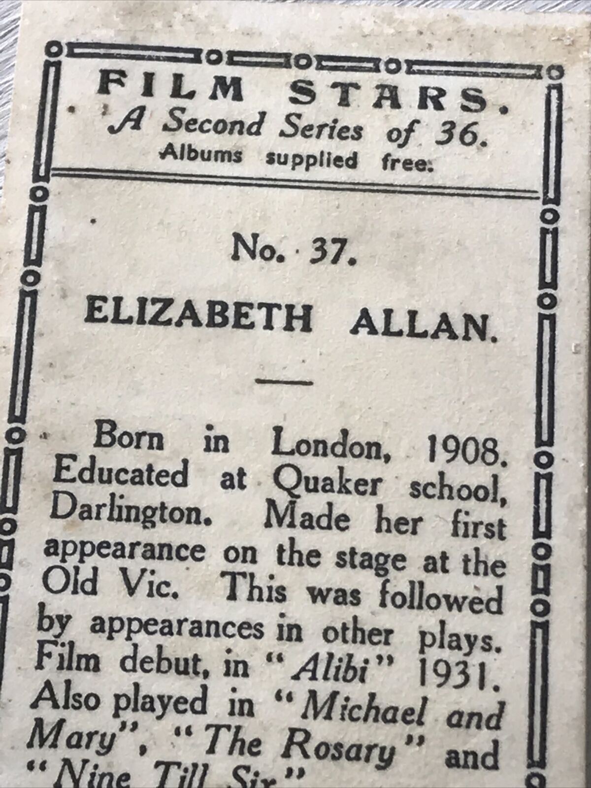 ELIZABETH ALLAN Chairman Juniors Cigarette Card Film Stars 37  Old Vic Alibi