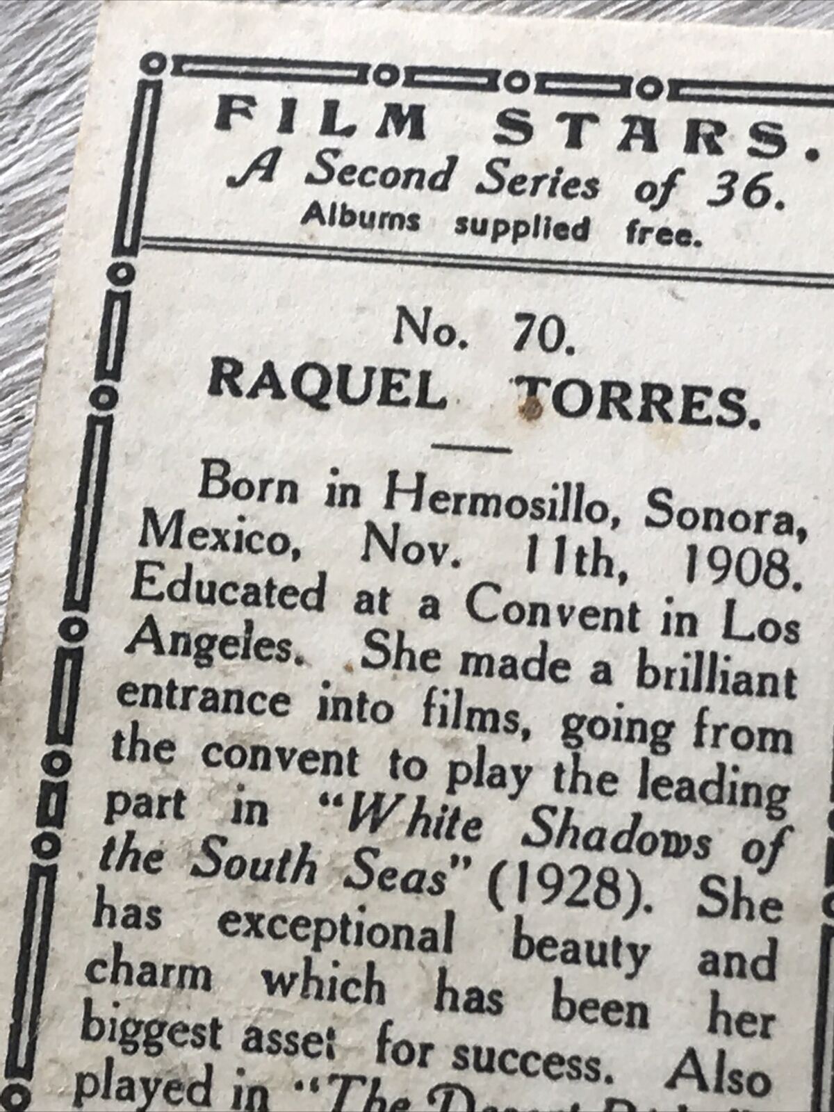 Chairman Juniors Cigarette Card Film Stars 70 Raquel Torres The Desert Rider