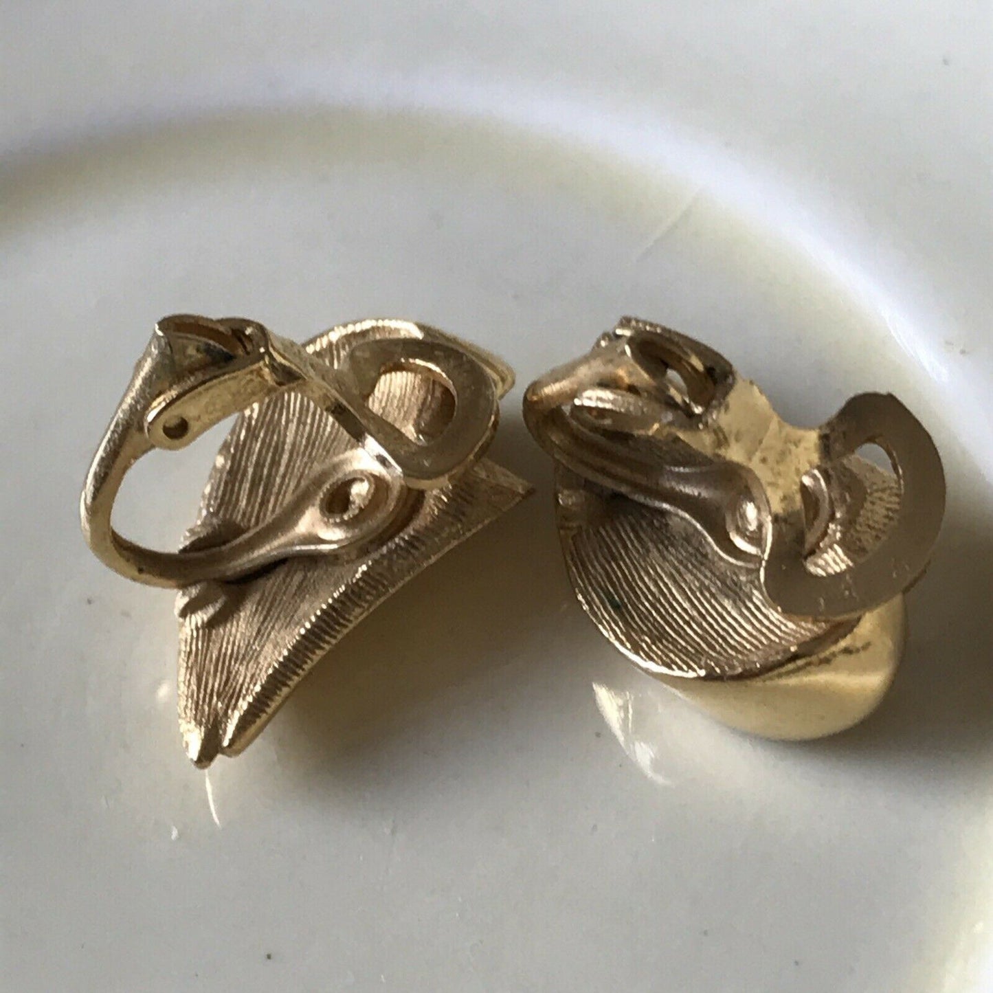 Clip On Stud Button Costume Earrings. Gold Tone. Leaf Shape. Vintage. Stylised.