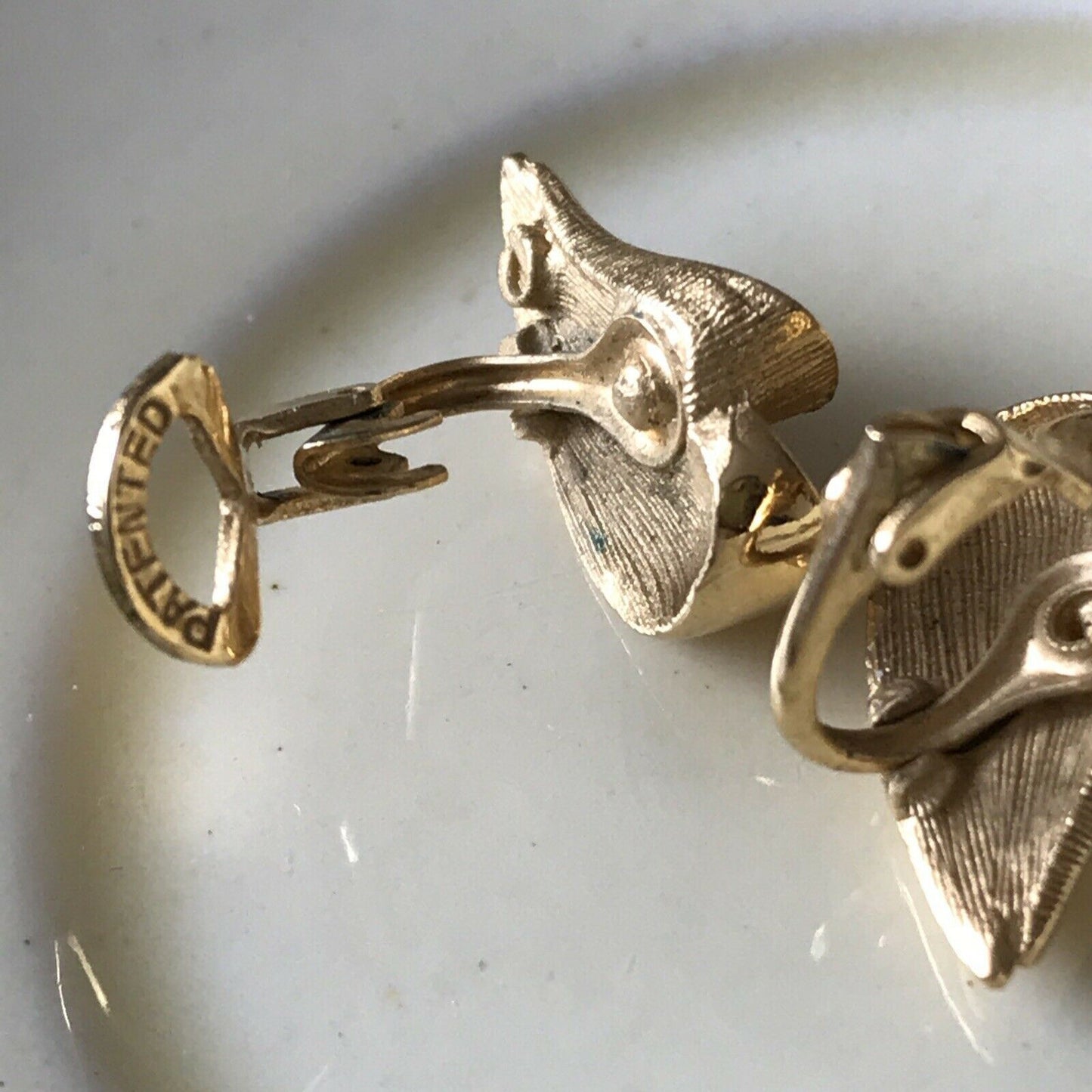 Clip On Stud Button Costume Earrings. Gold Tone. Leaf Shape. Vintage. Stylised.