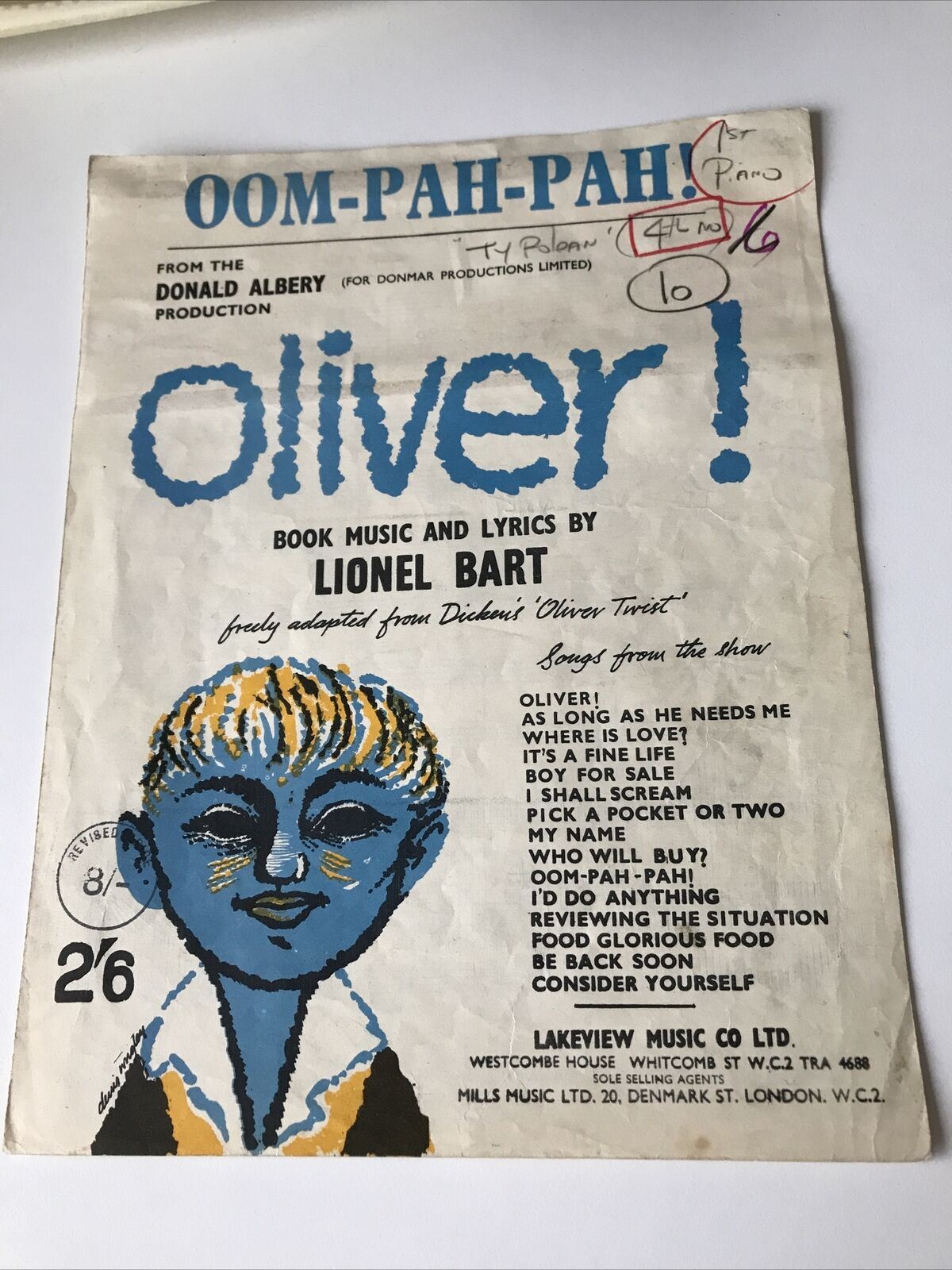 OOM-PAH-PAH! From OLIVER! Vintage Sheet Music 1960 Lionel Bart Anotated Repaired