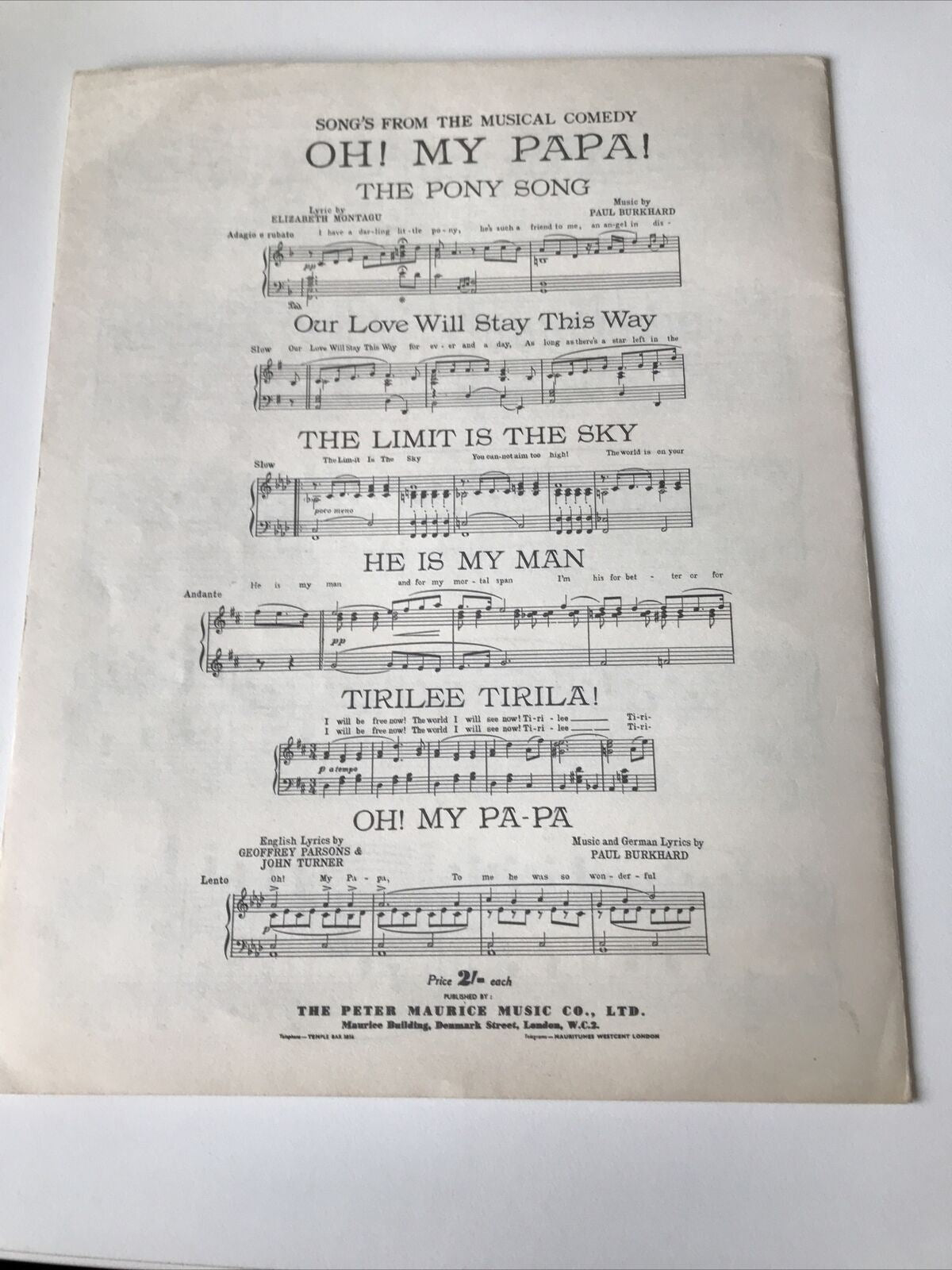 Vintage Sheet Music Oh My Papa! Jack Hylton Bristol Old Vic Paul Burkhard