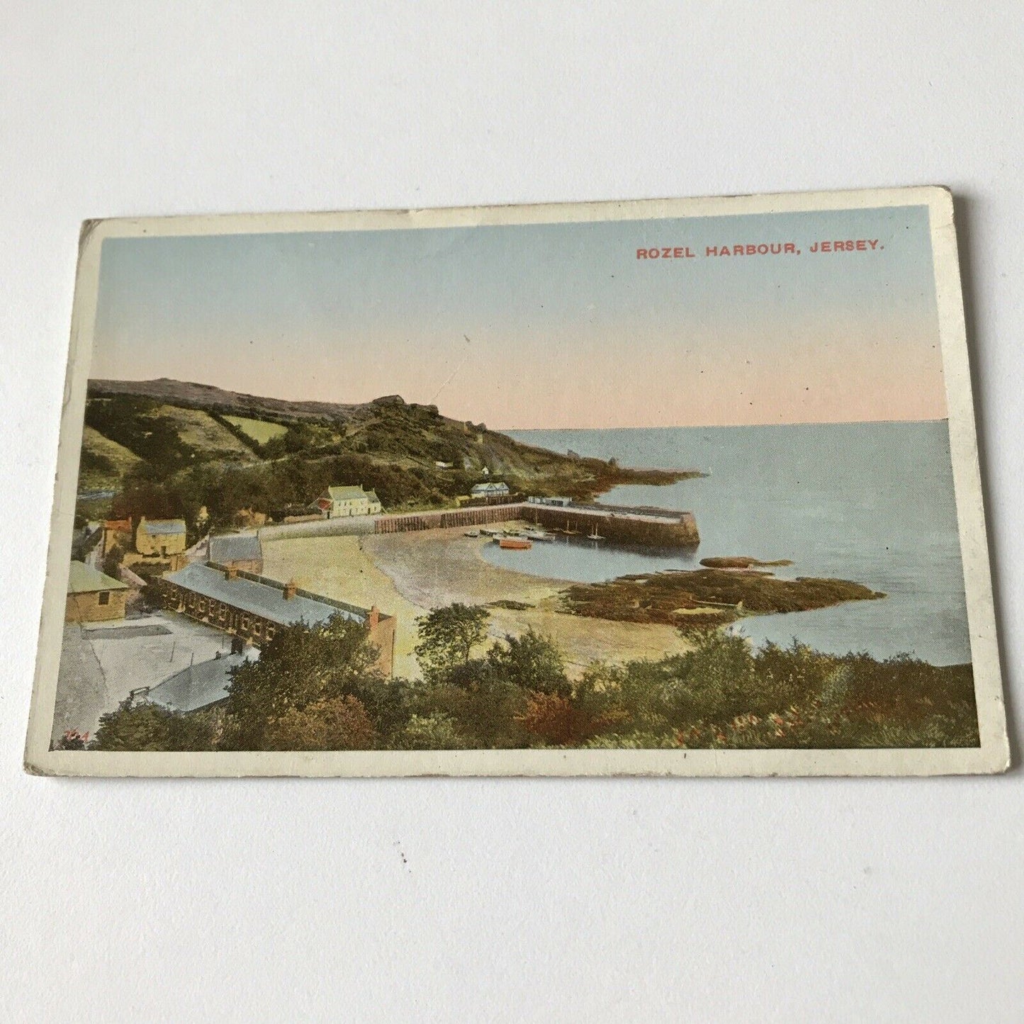 Vintage Postcard Coloured Rozel Harbour Jersey with Coastline Seascape Hills