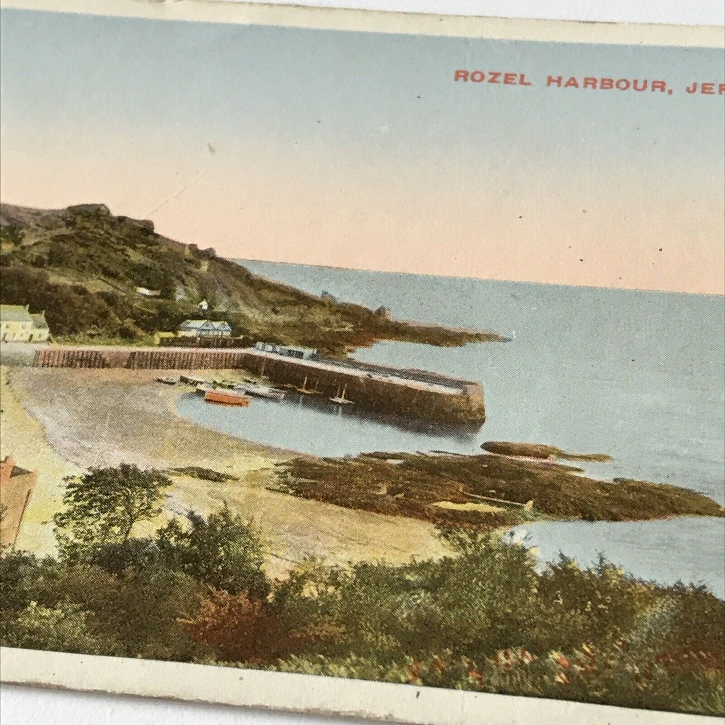 Vintage Postcard Coloured Rozel Harbour Jersey with Coastline Seascape Hills