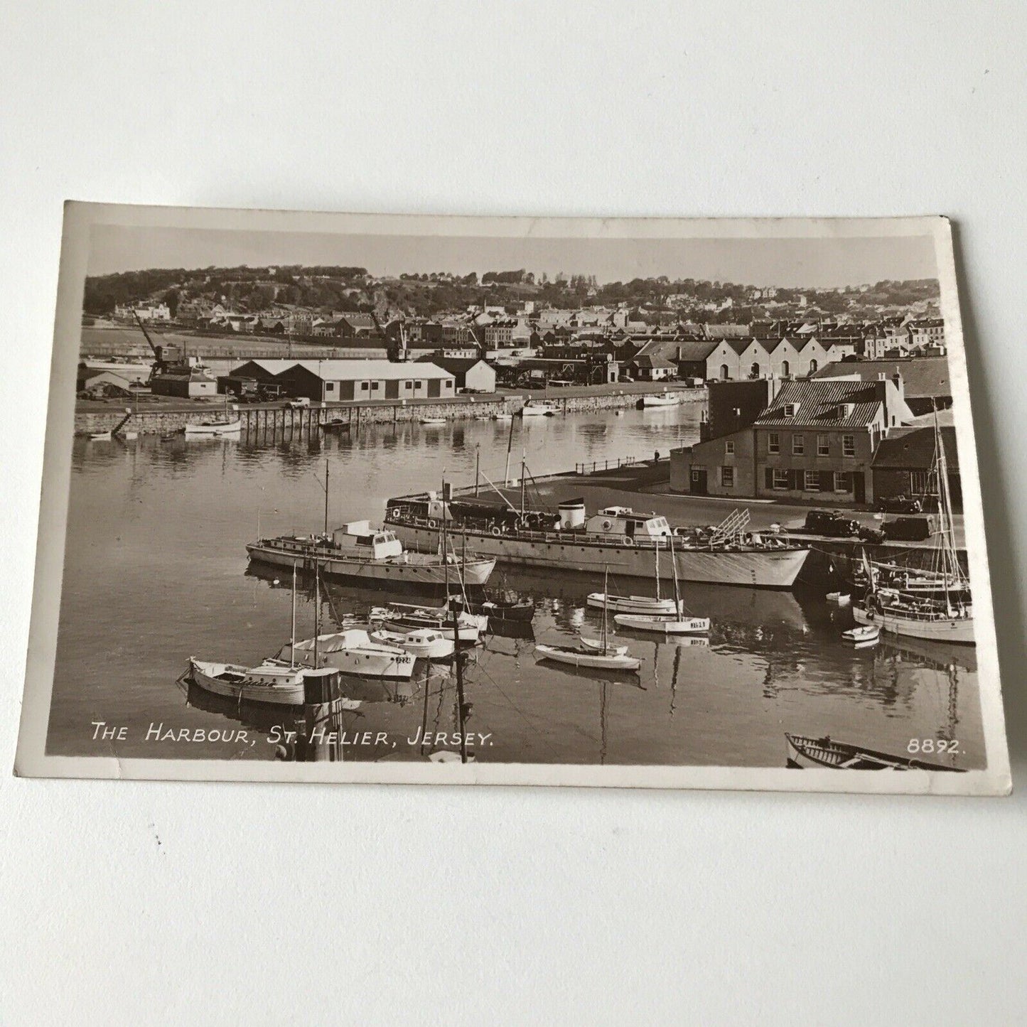 Vintage Postcard Black White Harbour, St Helier Jersey Boats Sea Town RP