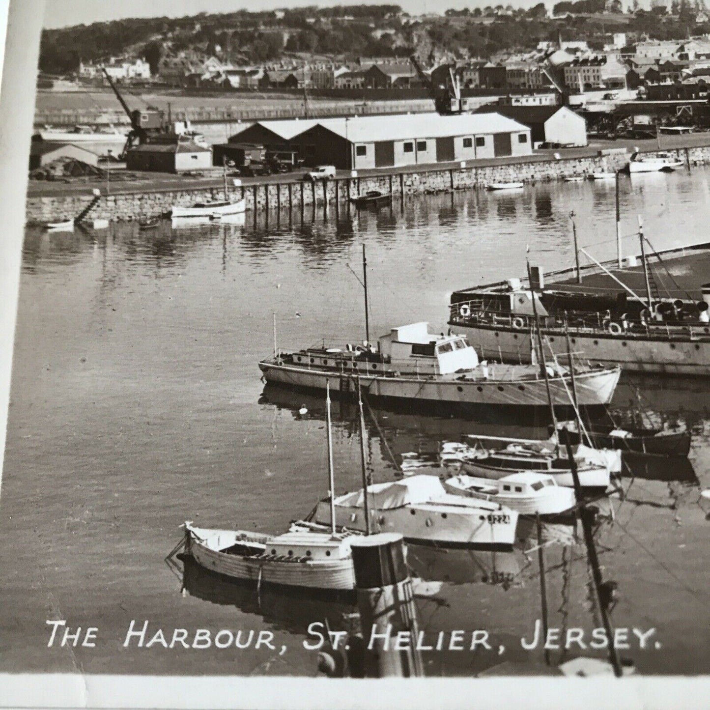 Vintage Postcard Black White Harbour, St Helier Jersey Boats Sea Town RP