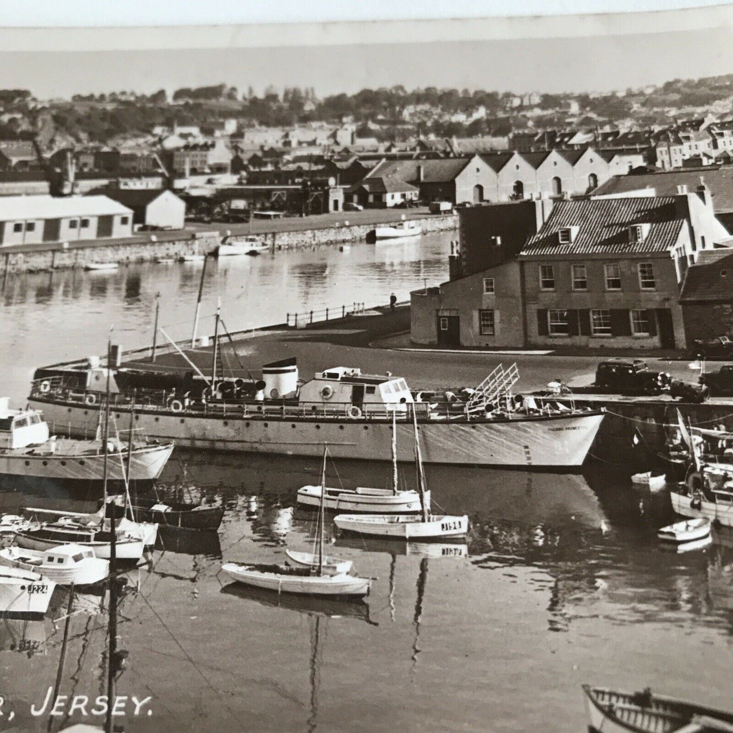 Vintage Postcard Black White Harbour, St Helier Jersey Boats Sea Town RP