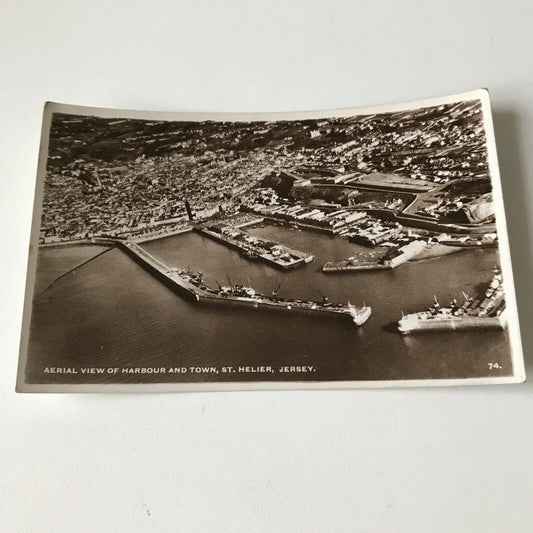 Vintage Postcard Black White Harbour, St Helier Jersey Town RP Aerial View