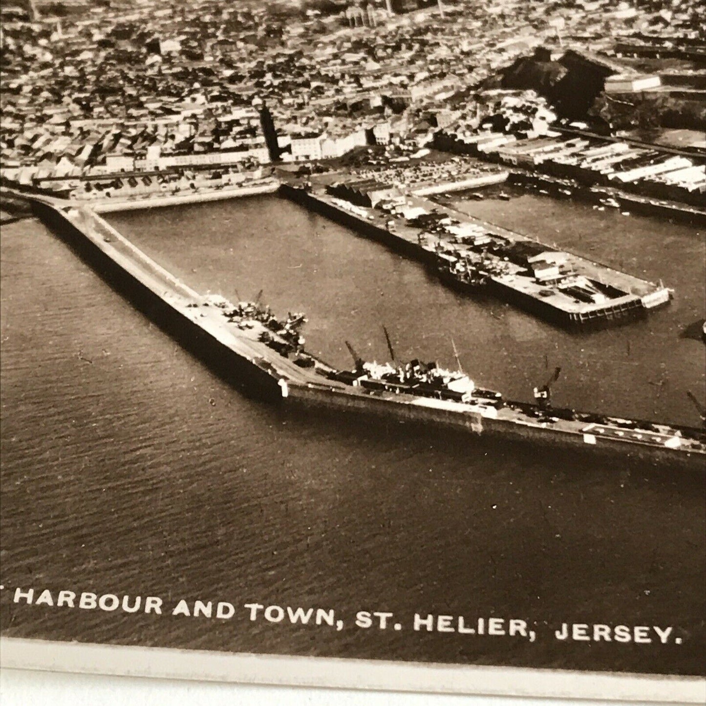 Vintage Postcard Black White Harbour, St Helier Jersey Town RP Aerial View