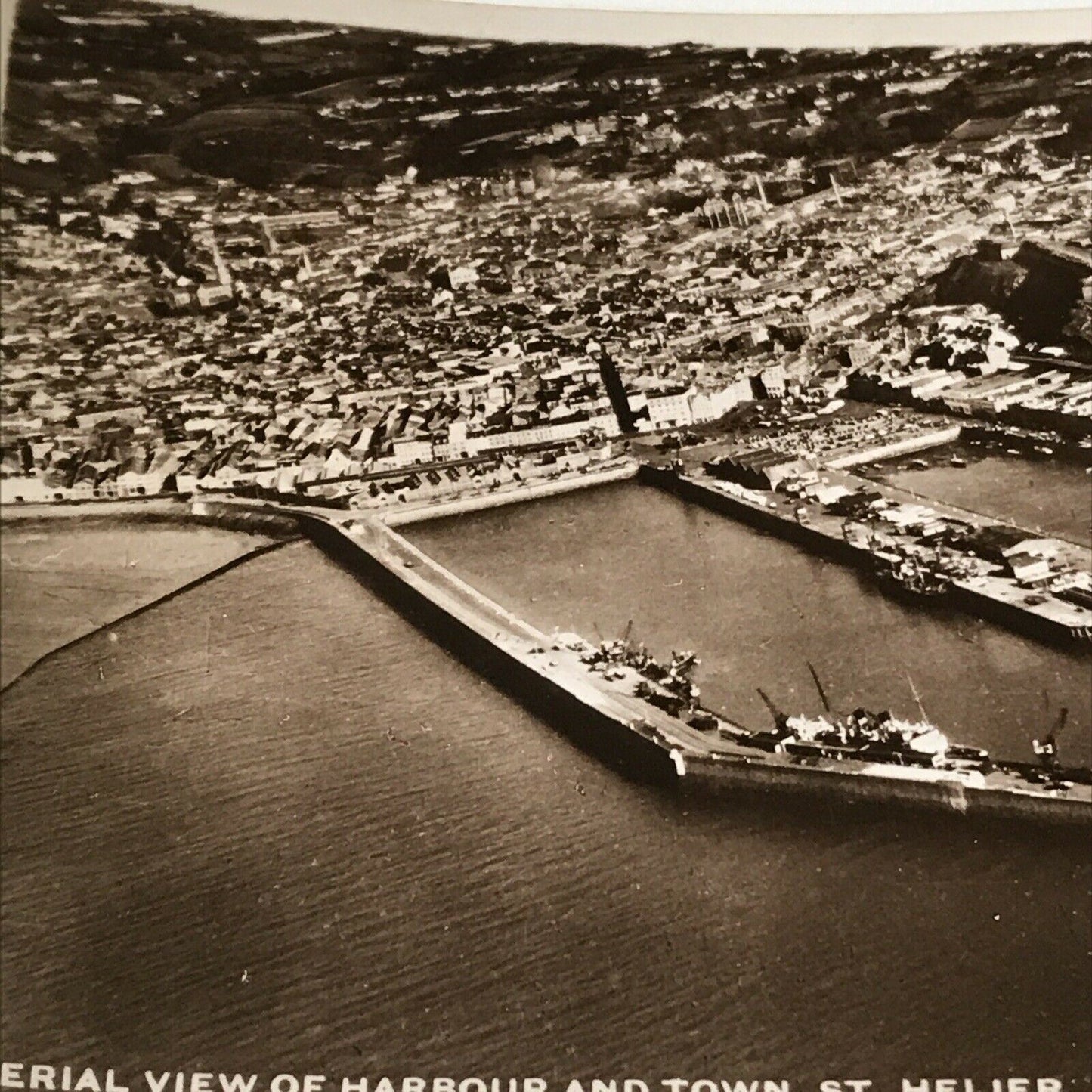 Vintage Postcard Black White Harbour, St Helier Jersey Town RP Aerial View