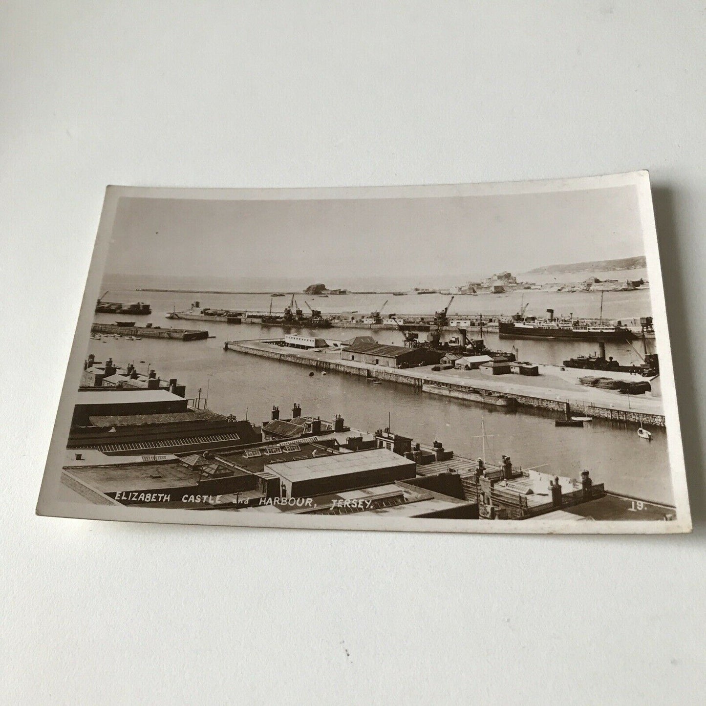 Vintage Postcard Black White Harbour, St Helier Elizabeth Castle RP Industrial