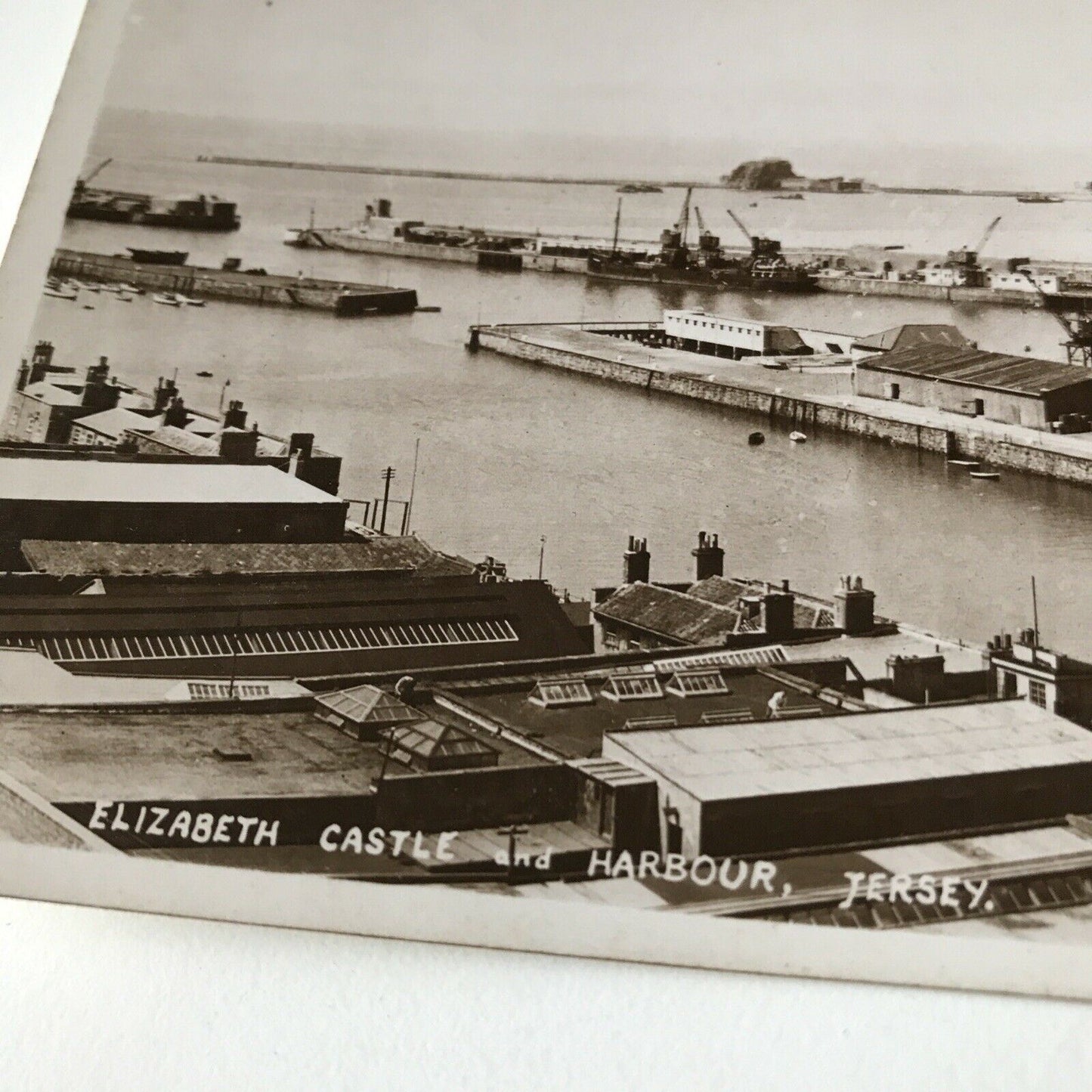 Vintage Postcard Black White Harbour, St Helier Elizabeth Castle RP Industrial