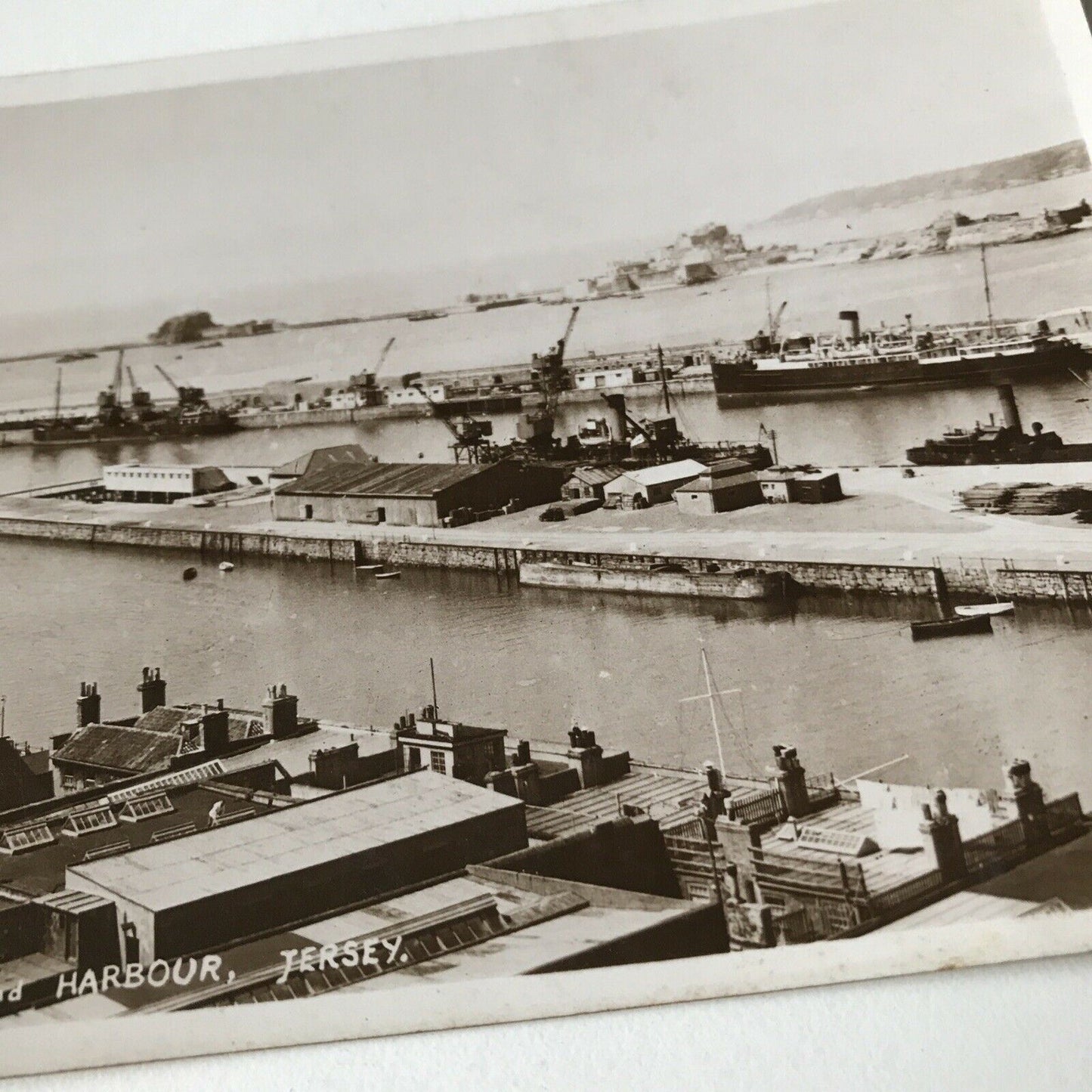 Vintage Postcard Black White Harbour, St Helier Elizabeth Castle RP Industrial