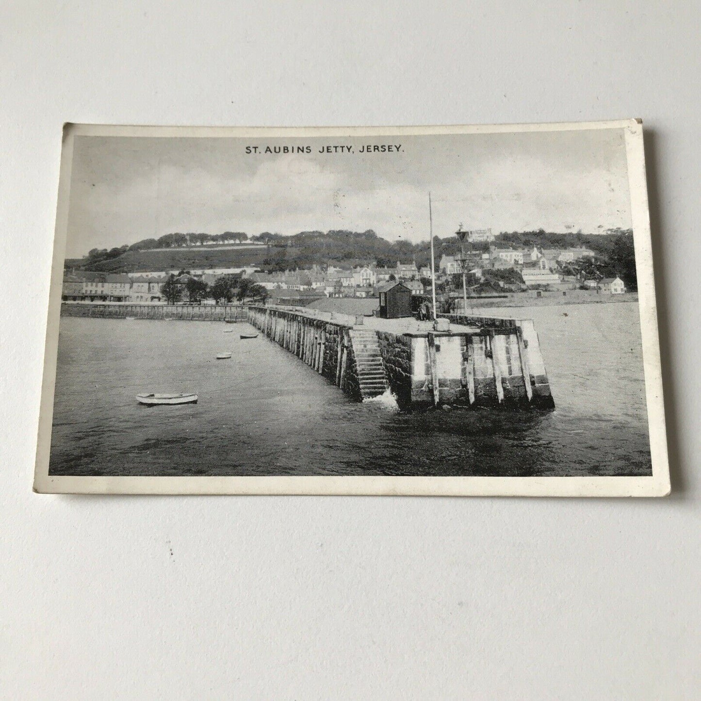 Vintage Postcard Black White St Aubins Jetty Jersey Sea Coastline Boats