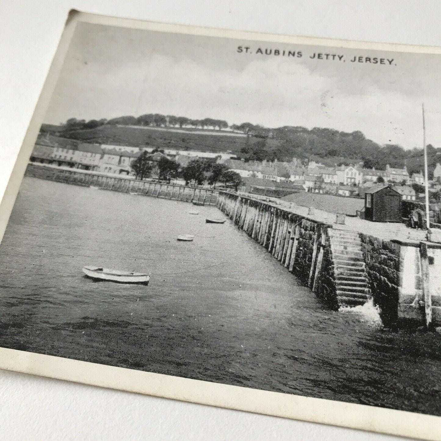 Vintage Postcard Black White St Aubins Jetty Jersey Sea Coastline Boats