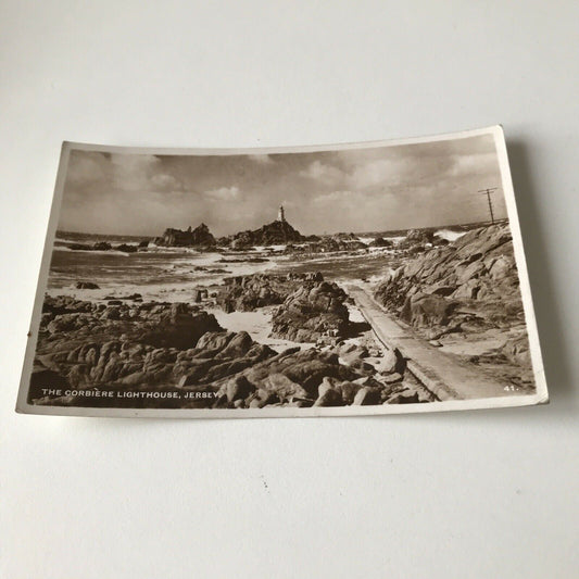 Vintage Postcard Black White Sepia Corbière Lighthouse Jersey RP Sea Rocks