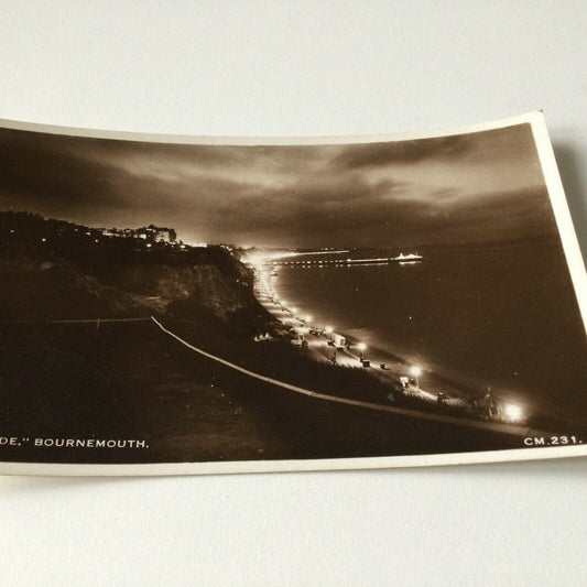 Vintage Postcard Black White Sepia Bournemouth By Night ‘Eventide’ Coastline Sea