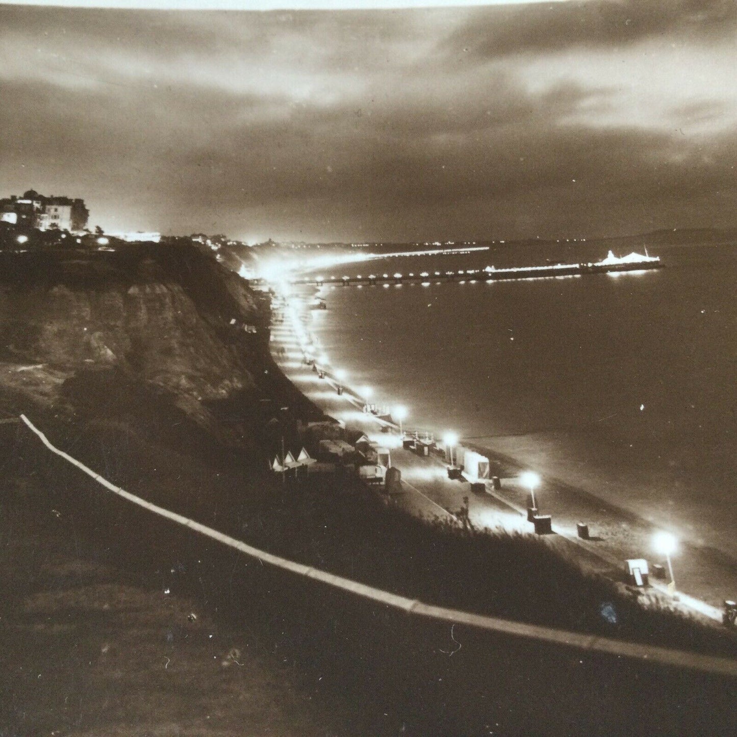 Vintage Postcard Black White Sepia Bournemouth By Night ‘Eventide’ Coastline Sea