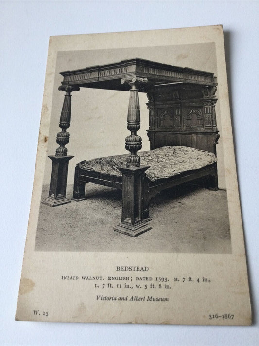 Vintage Postcard Black White V & A Museum Walnut Bedstead 1593 English 4 Poster