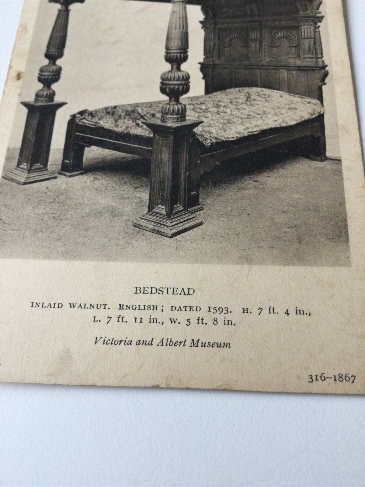 Vintage Postcard Black White V & A Museum Walnut Bedstead 1593 English 4 Poster