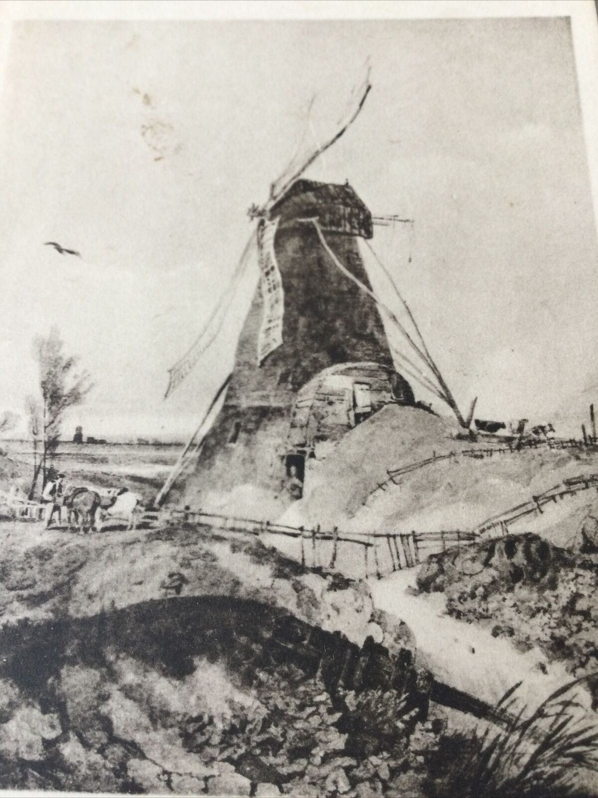 Vintage Postcard Black White V & A Museum Cotman Water Colour Drawing Windmill