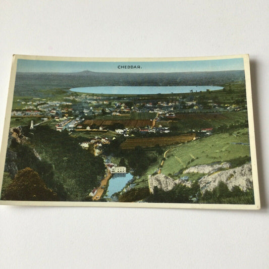 Vintage Postcard Coloured. Cheddar Aerial View Lake Gorge Hills Landscape View