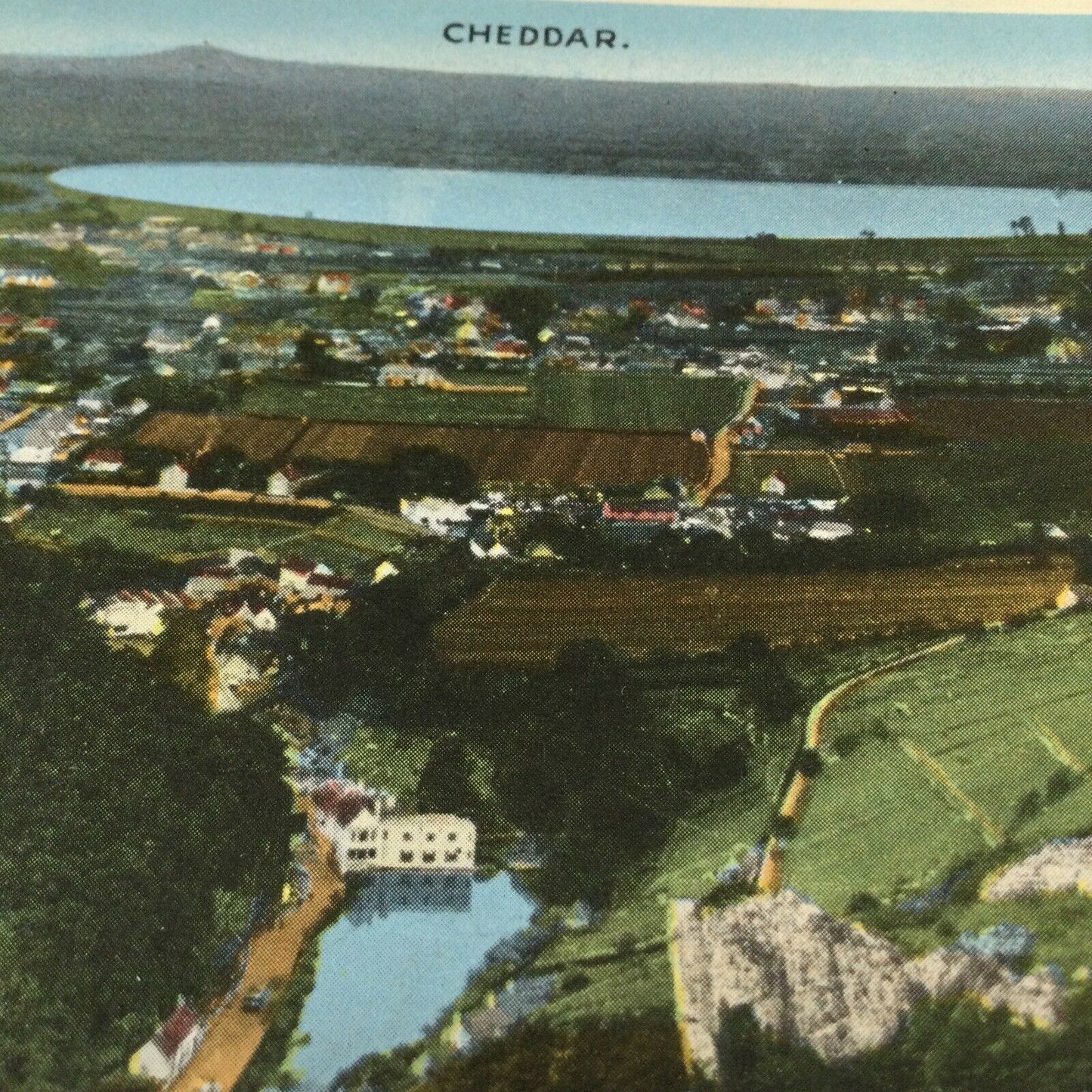 Vintage Postcard Coloured. Cheddar Aerial View Lake Gorge Hills Landscape View