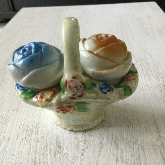 Vintage Retro Kitsch Salt And Pepper Pot . China Basket With Rose Pots. Floral.