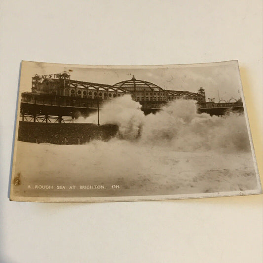 Vintage Postcard Rough Sea At Brighton Palace Of Fun Pier Waves RP Black White