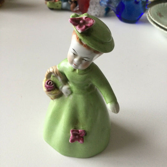 Vintage Green Porcelain Bell In Shape Of Girl Carrying Basket Of Flowers - 11cm Cute Retro Ornament - c. 1950s