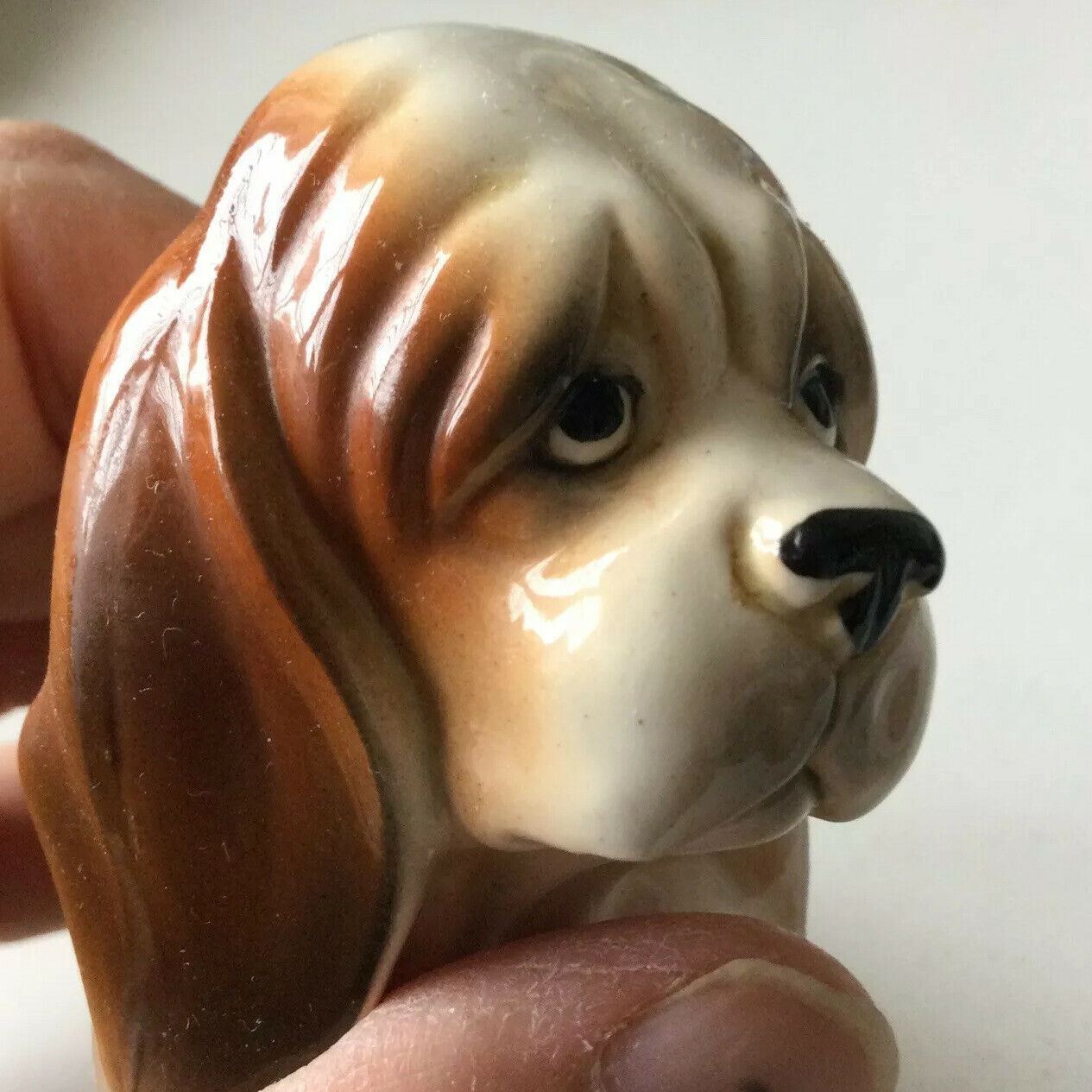 Cute Vintage Ceramic Basset Hound? Dog Ornament Sad Face Eyes. Repair To Leg.