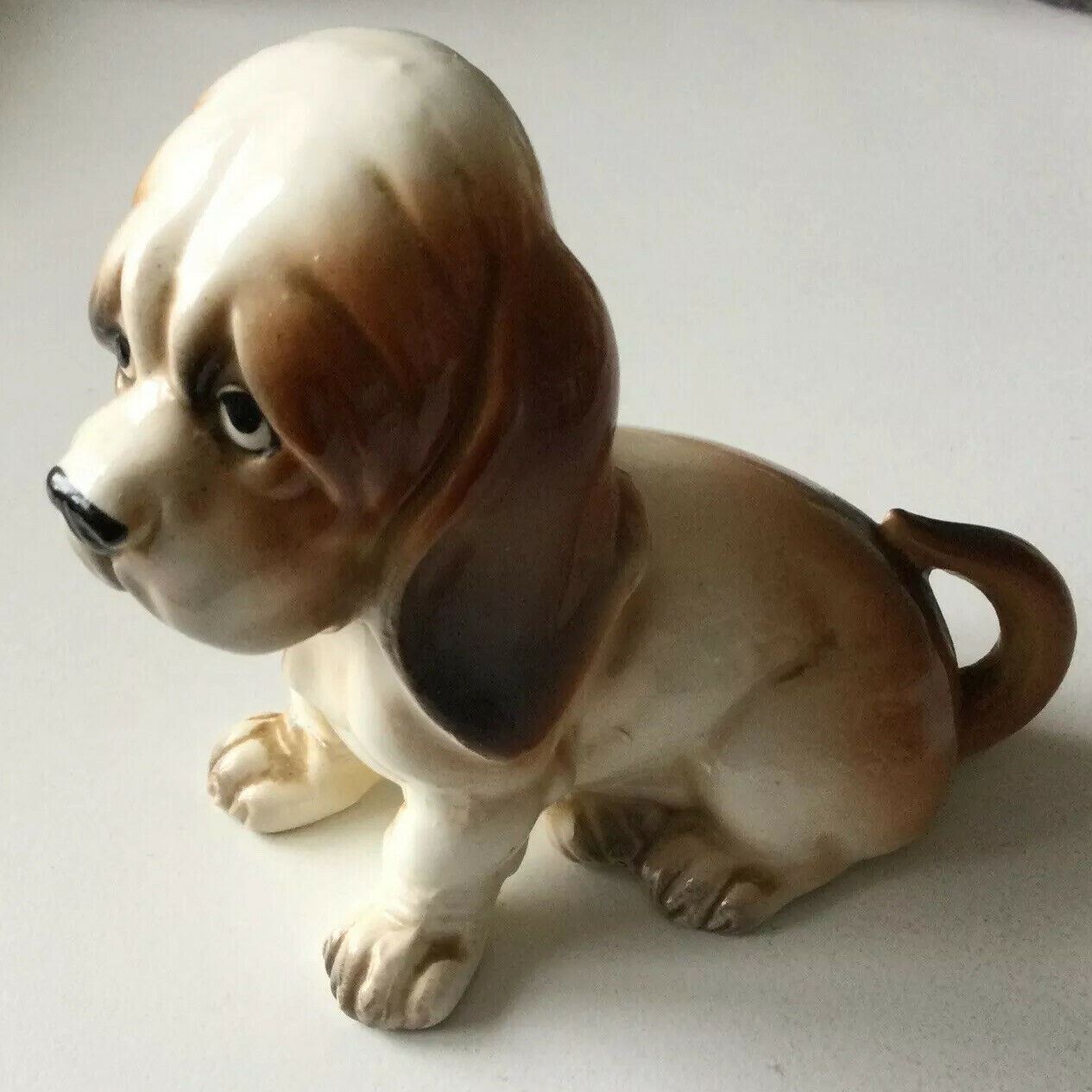 Cute Vintage Ceramic Basset Hound? Dog Ornament Sad Face Eyes. Repair To Leg.