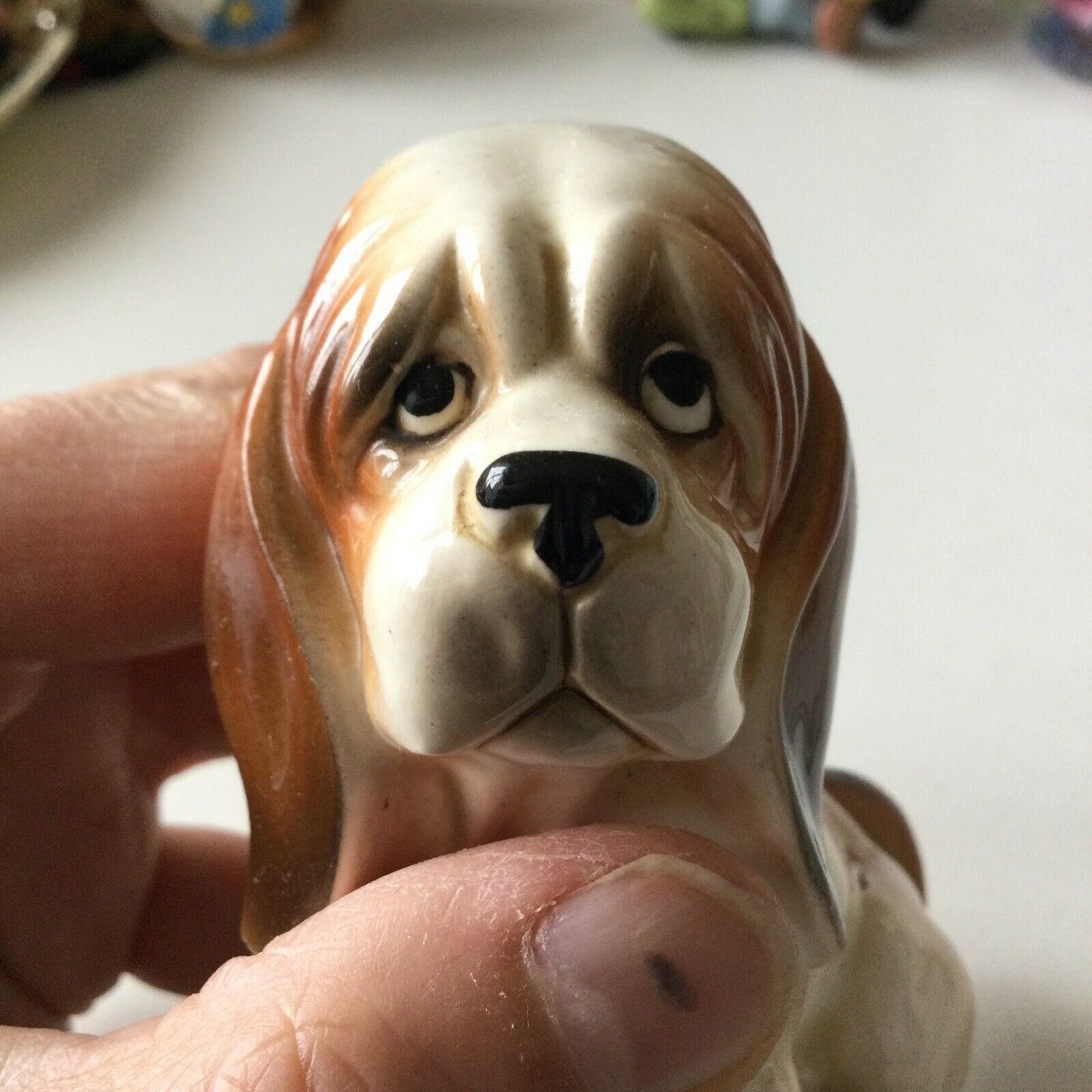 Cute Vintage Ceramic Basset Hound? Dog Ornament Sad Face Eyes. Repair To Leg.